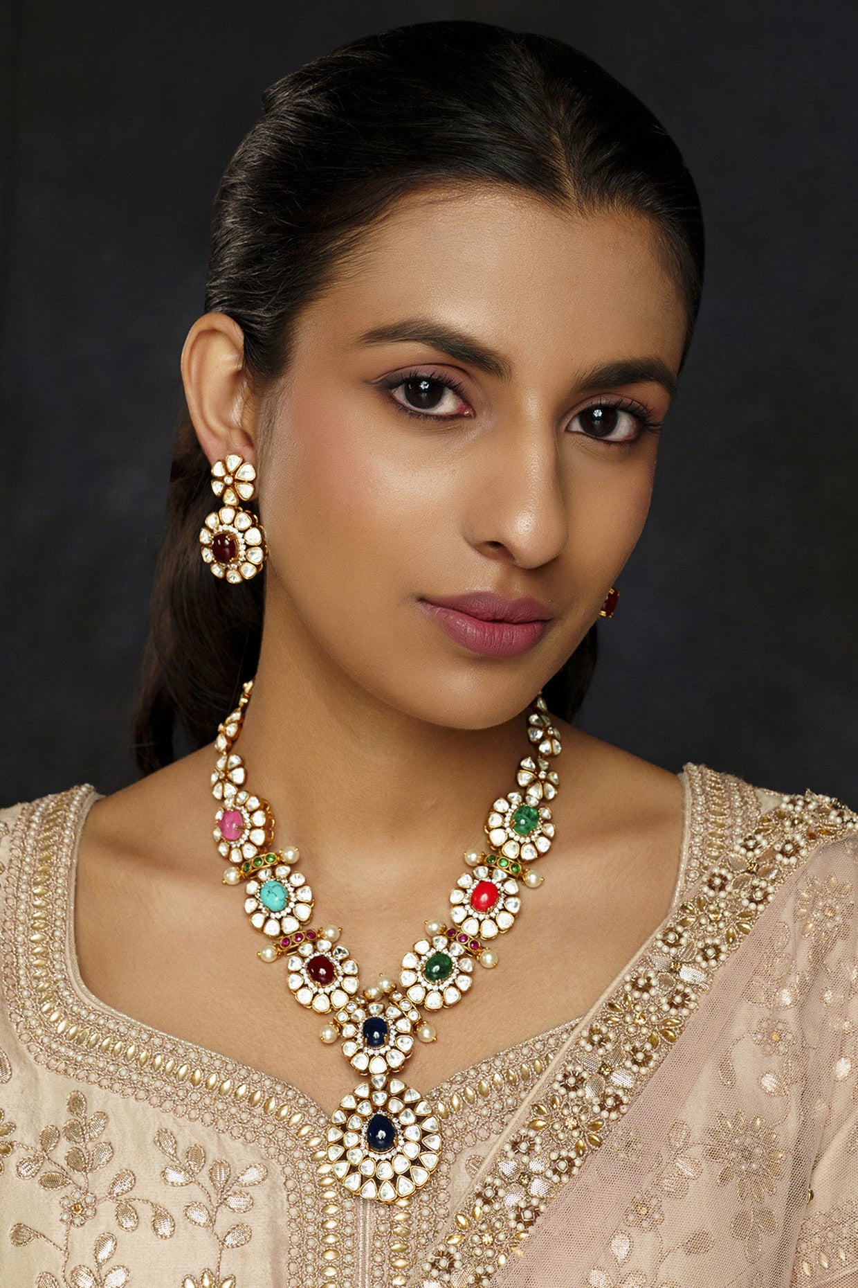 Feriha Navratan Long Moissanite Necklace Set
