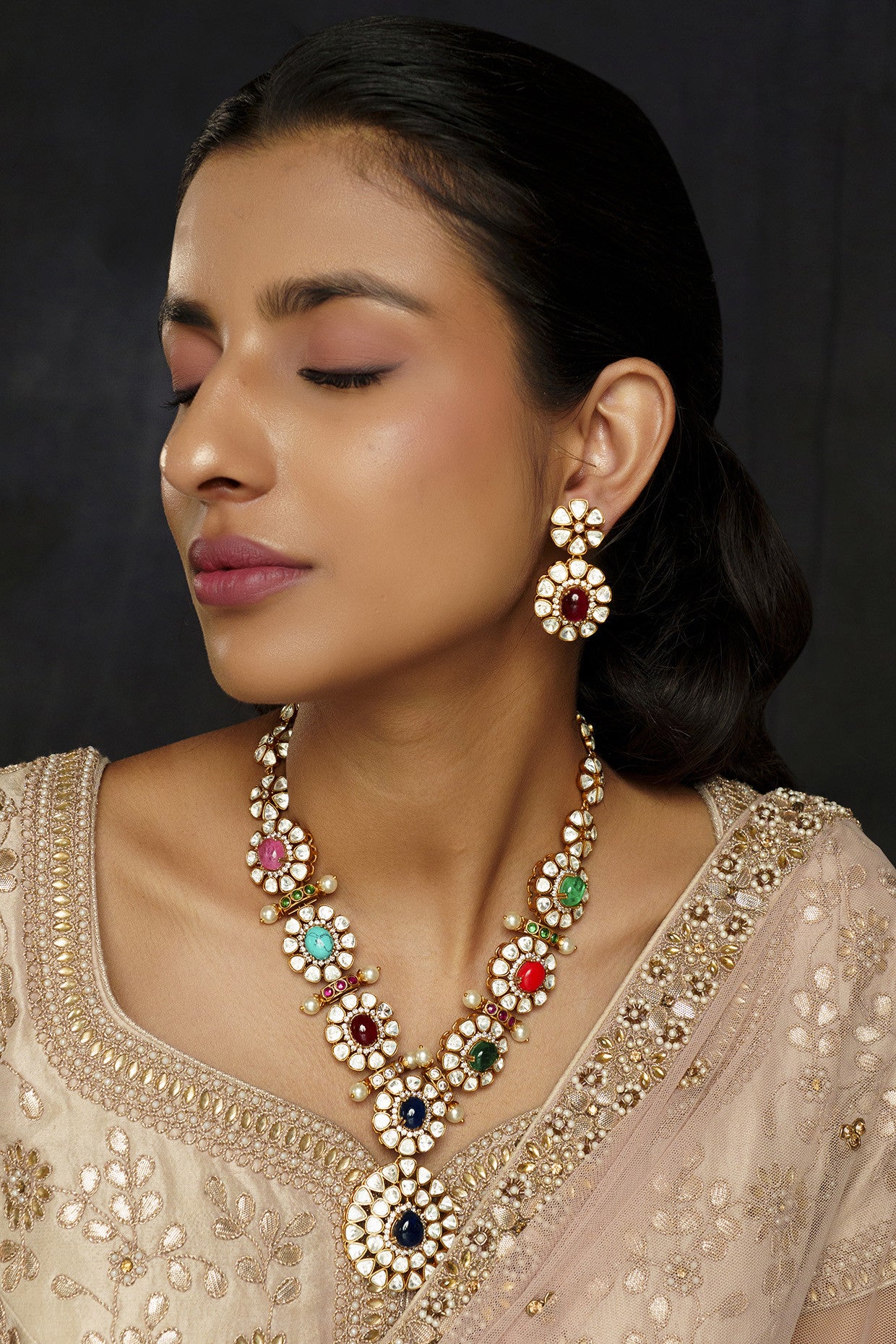 Feriha Navratan Long Moissanite Necklace Set