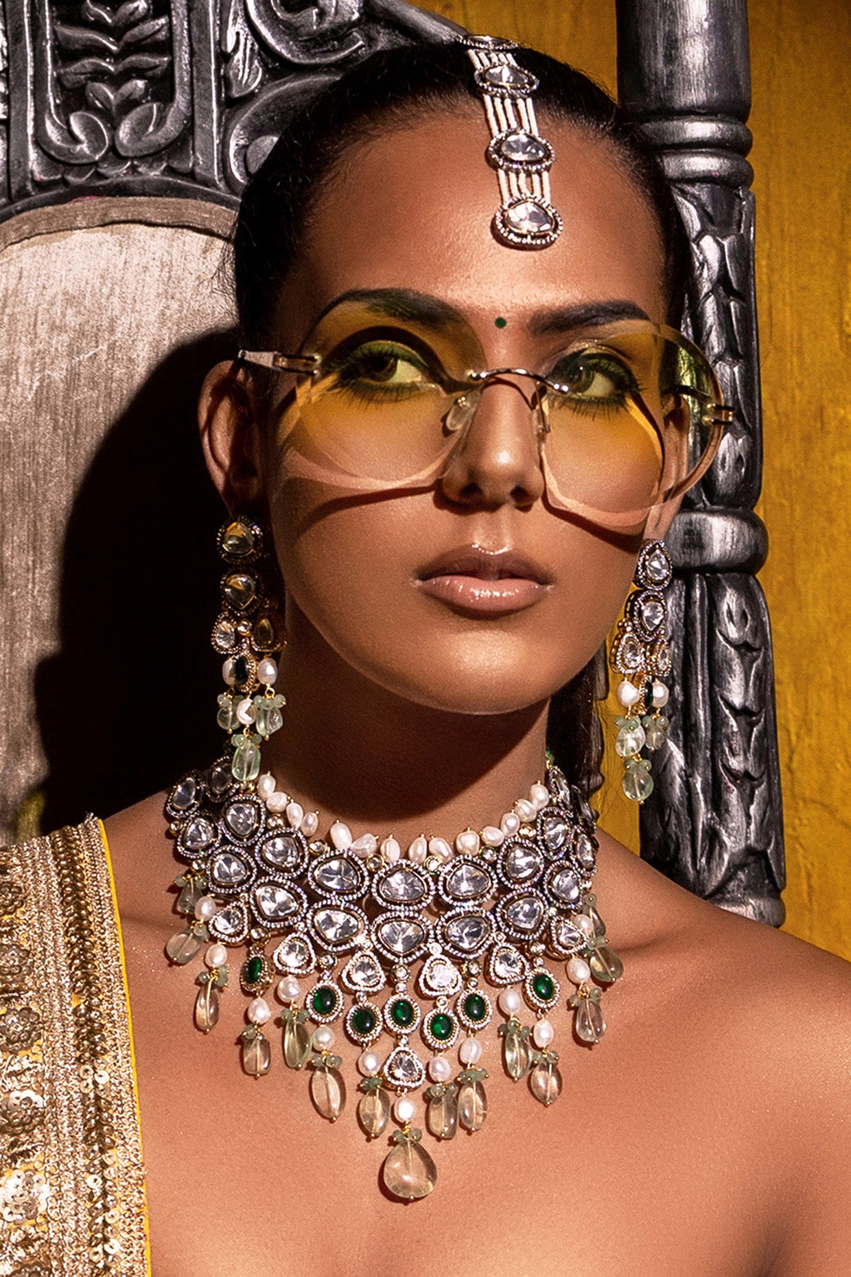 Fluoride & Polki Bridal Necklace Set in 22Kt Gold Plating