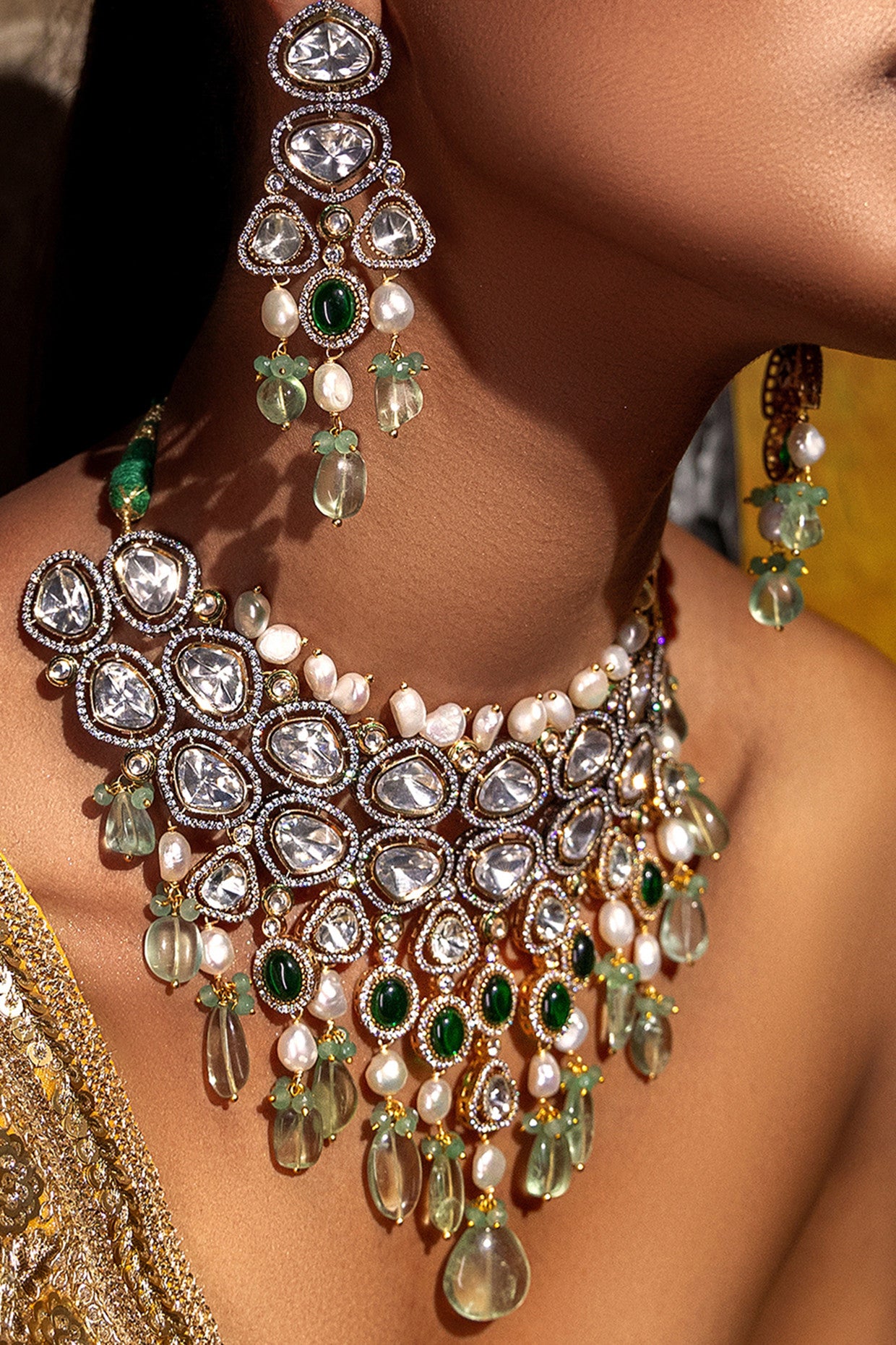 Fluoride & Polki Bridal Necklace Set in 22Kt Gold Plating