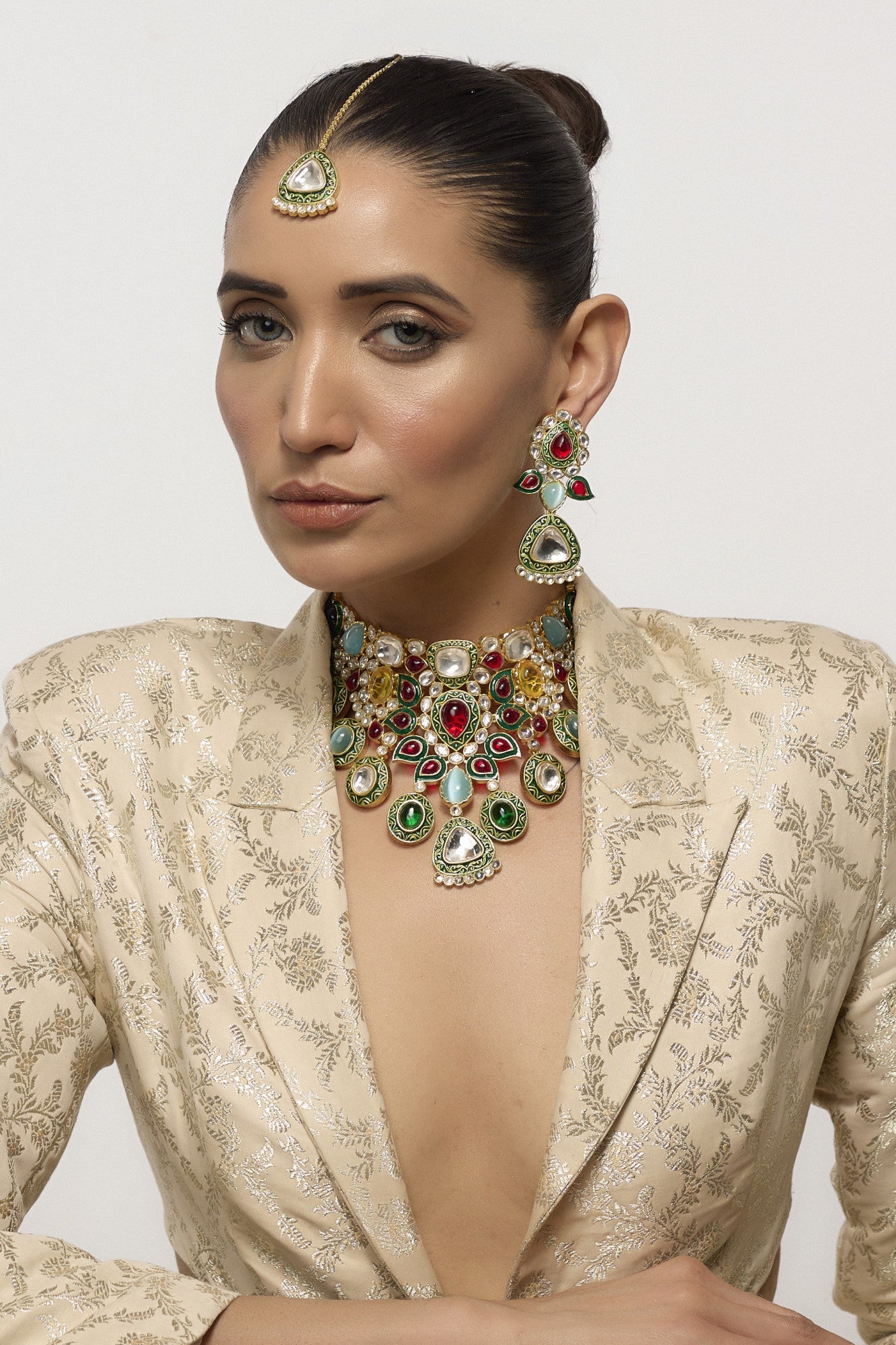 Gold Plated Navratna Choker Necklace Set