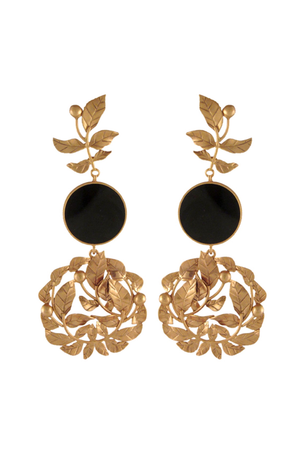Gold Plated Serrate Leaves & Black Ac Coin Long Earrings