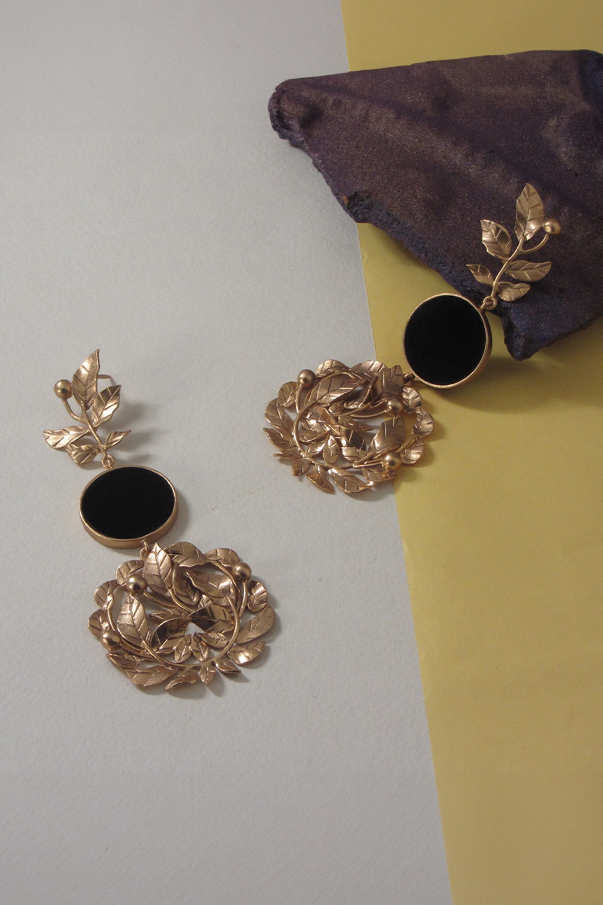 Gold Plated Serrate Leaves & Black Ac Coin Long Earrings