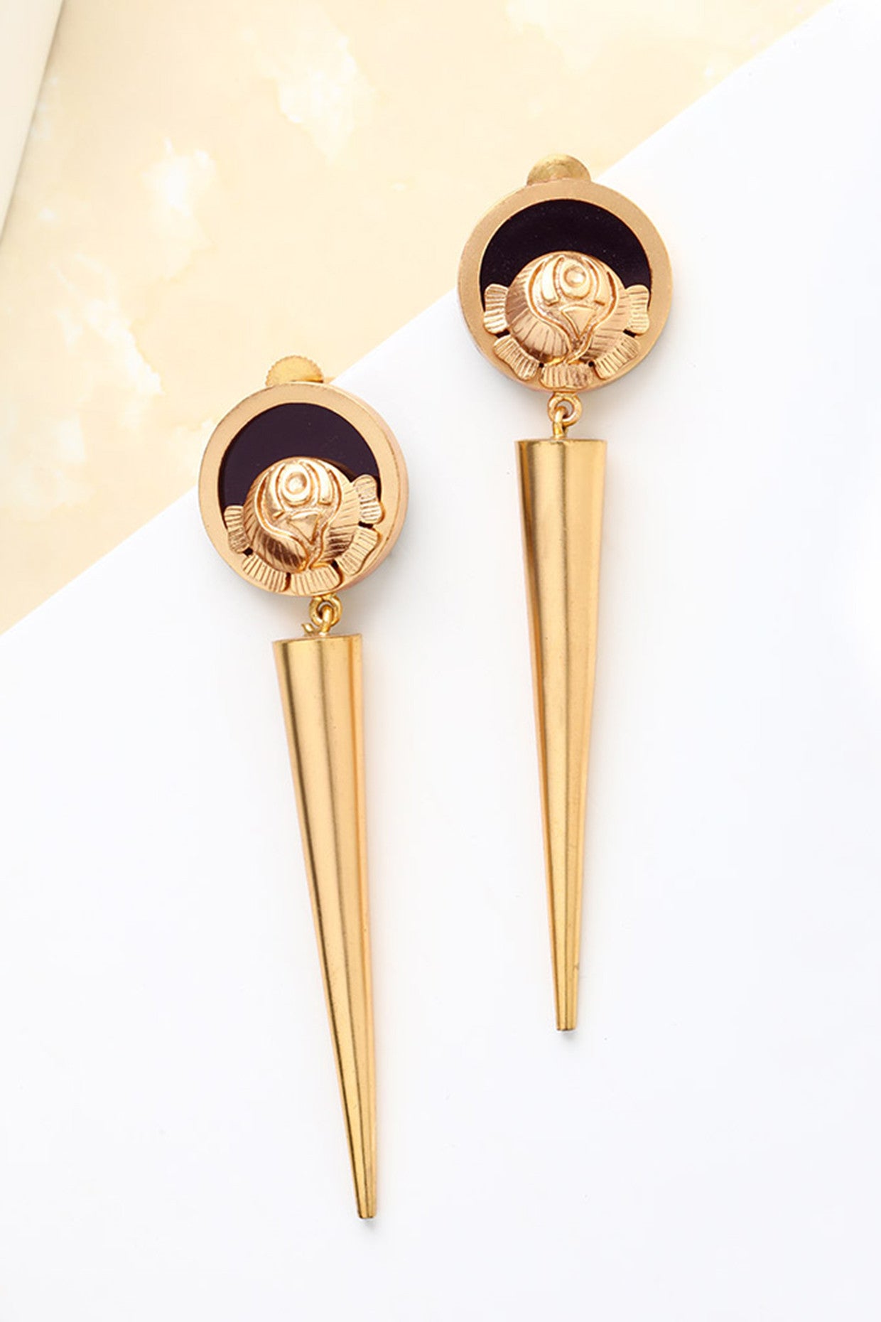 Gold Rose & Cone Drop Earrings