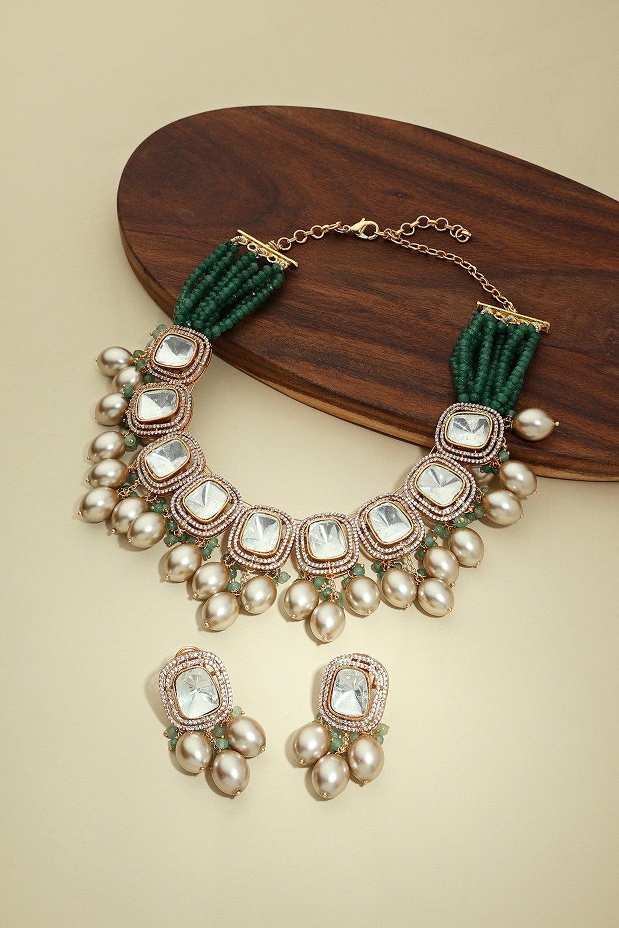 Gold Tone Kundan Polki Biege Necklace Set in 22Kt Gold Plating