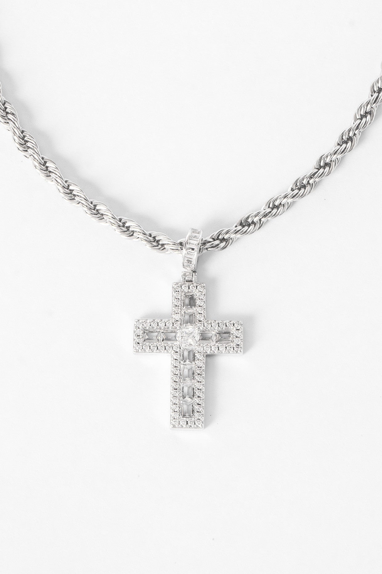 Iced Baguette Cross Pendant Necklace