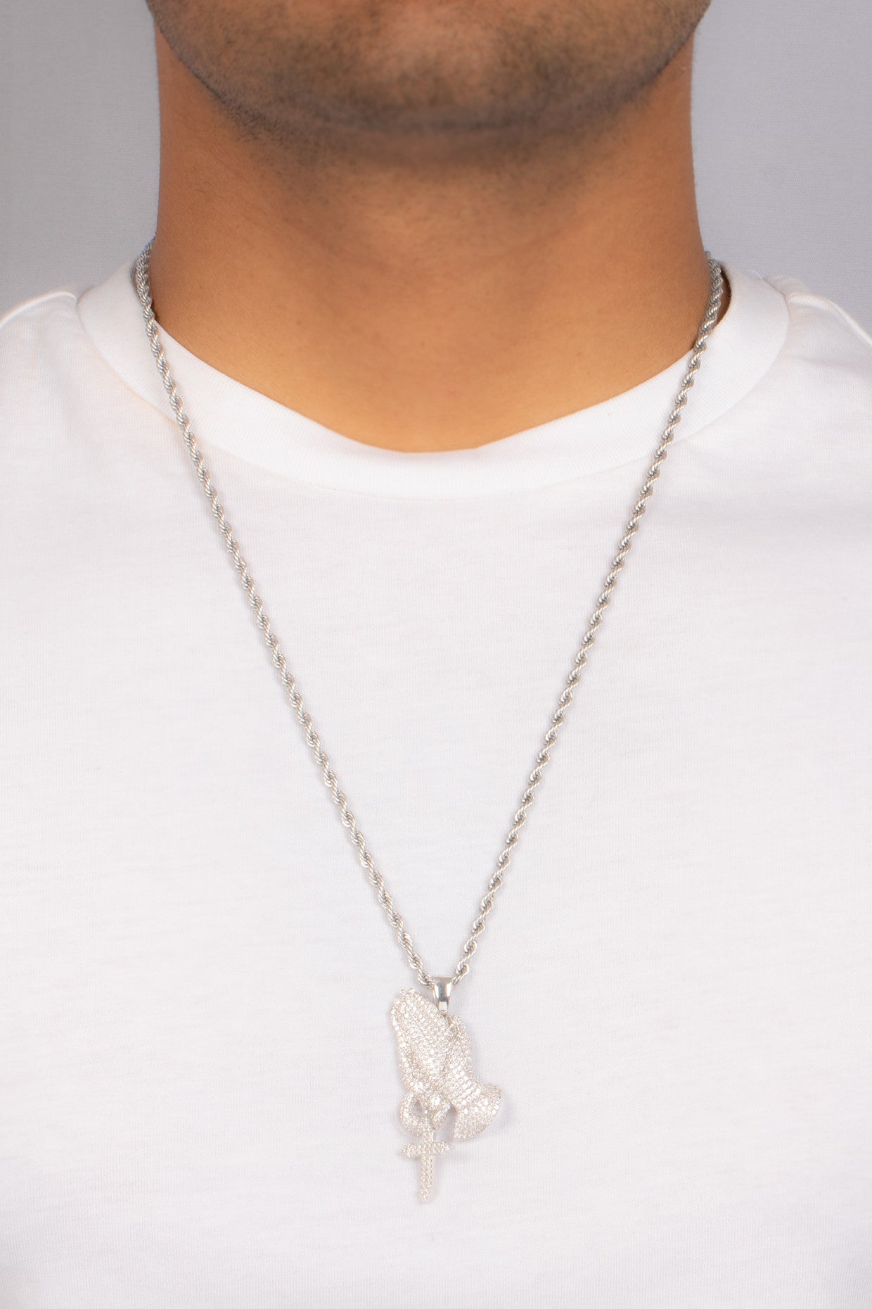 Iced Praying Hands Pendant Necklace