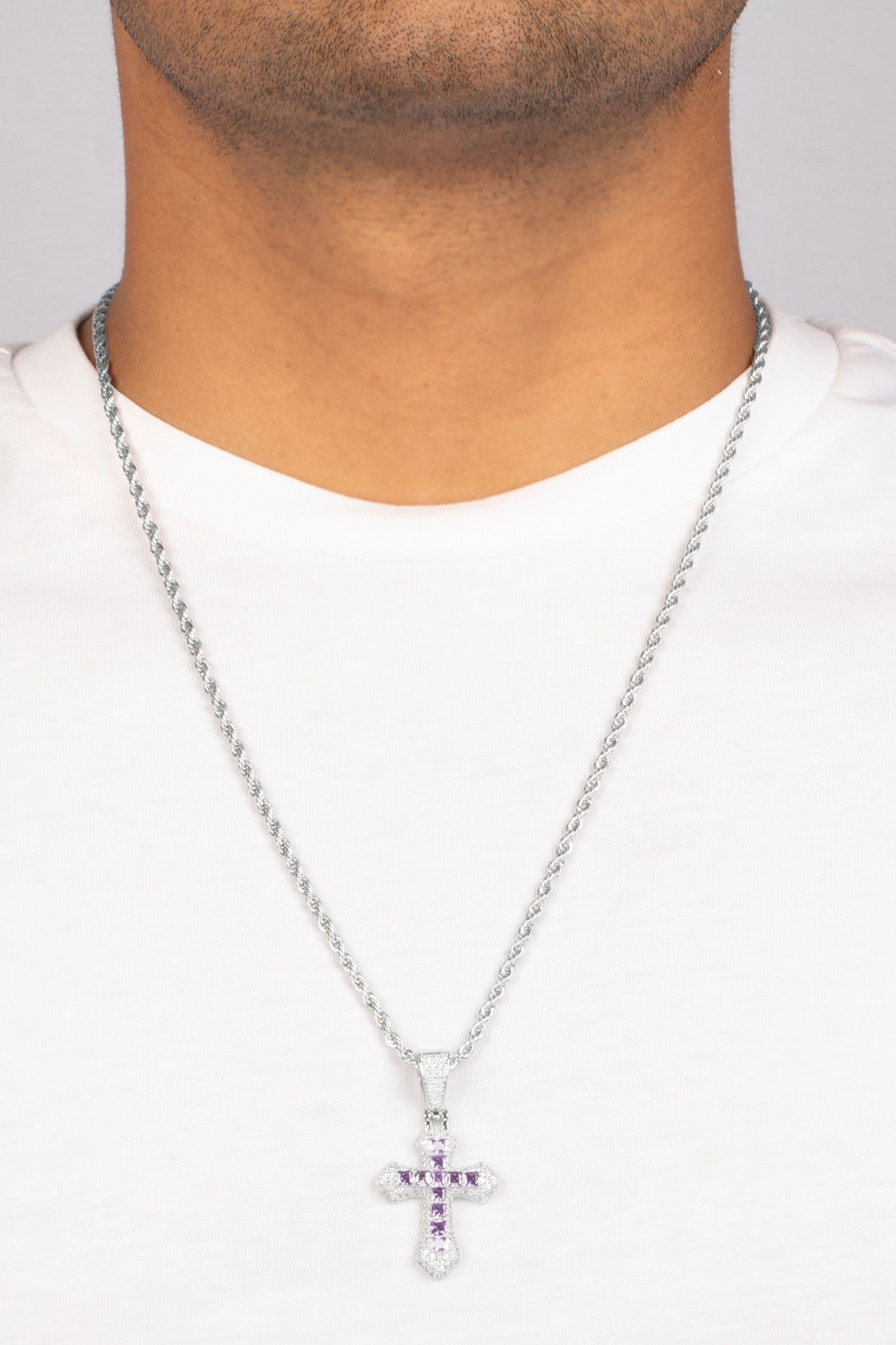 Iced Vintage Cross Pendant Necklace-Purple