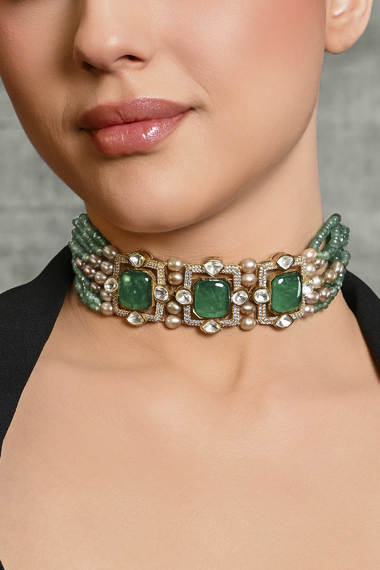 Charismatic Beaded Choker In Green in 22Kt Gold Plating