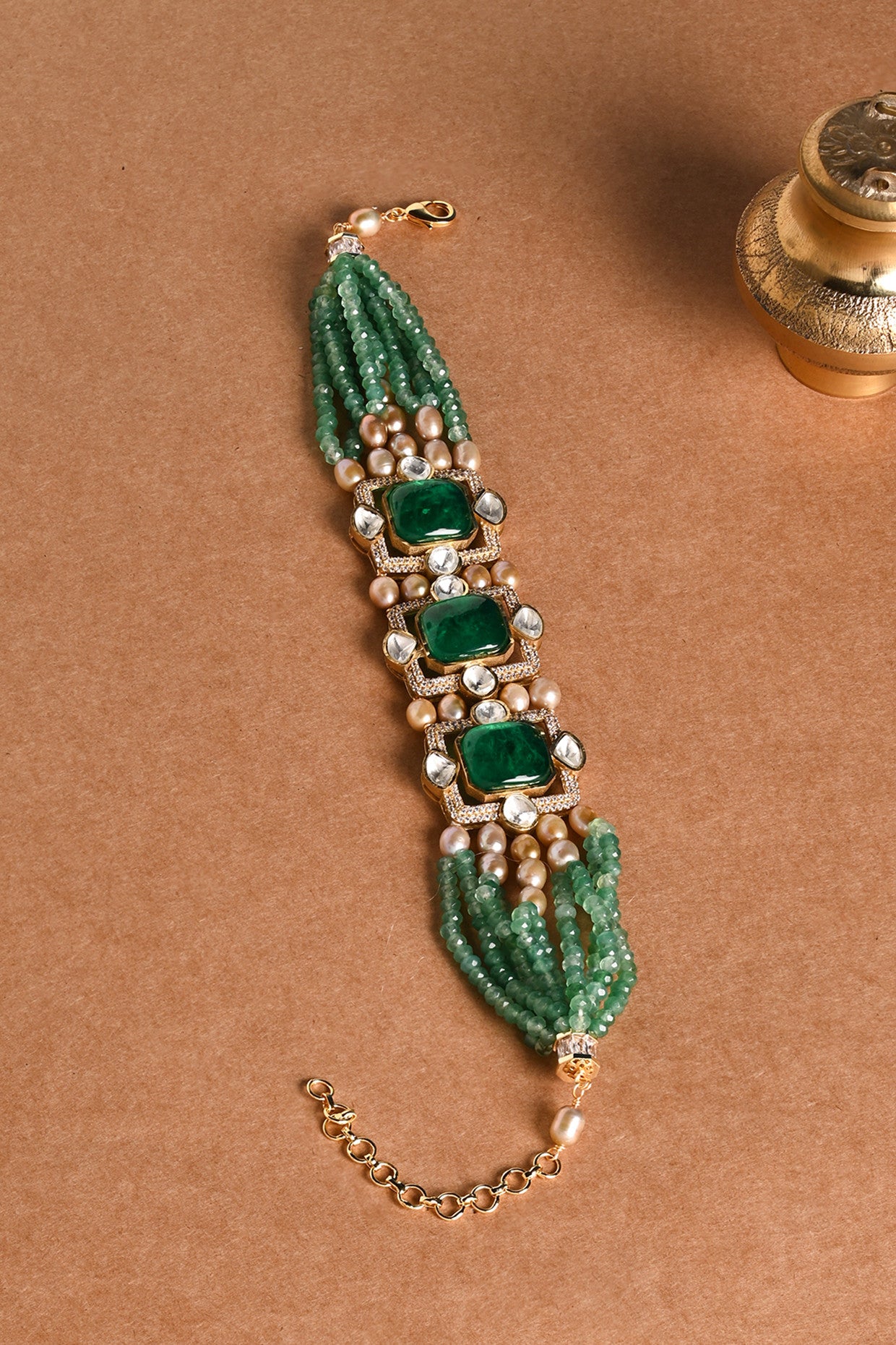 Charismatic Beaded Choker In Green in 22Kt Gold Plating