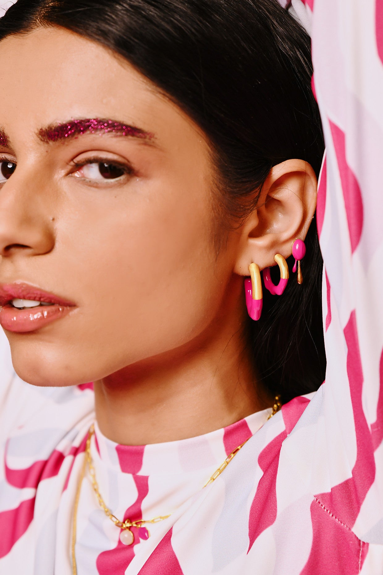 Gold & Hot Pink Glossed Hoops