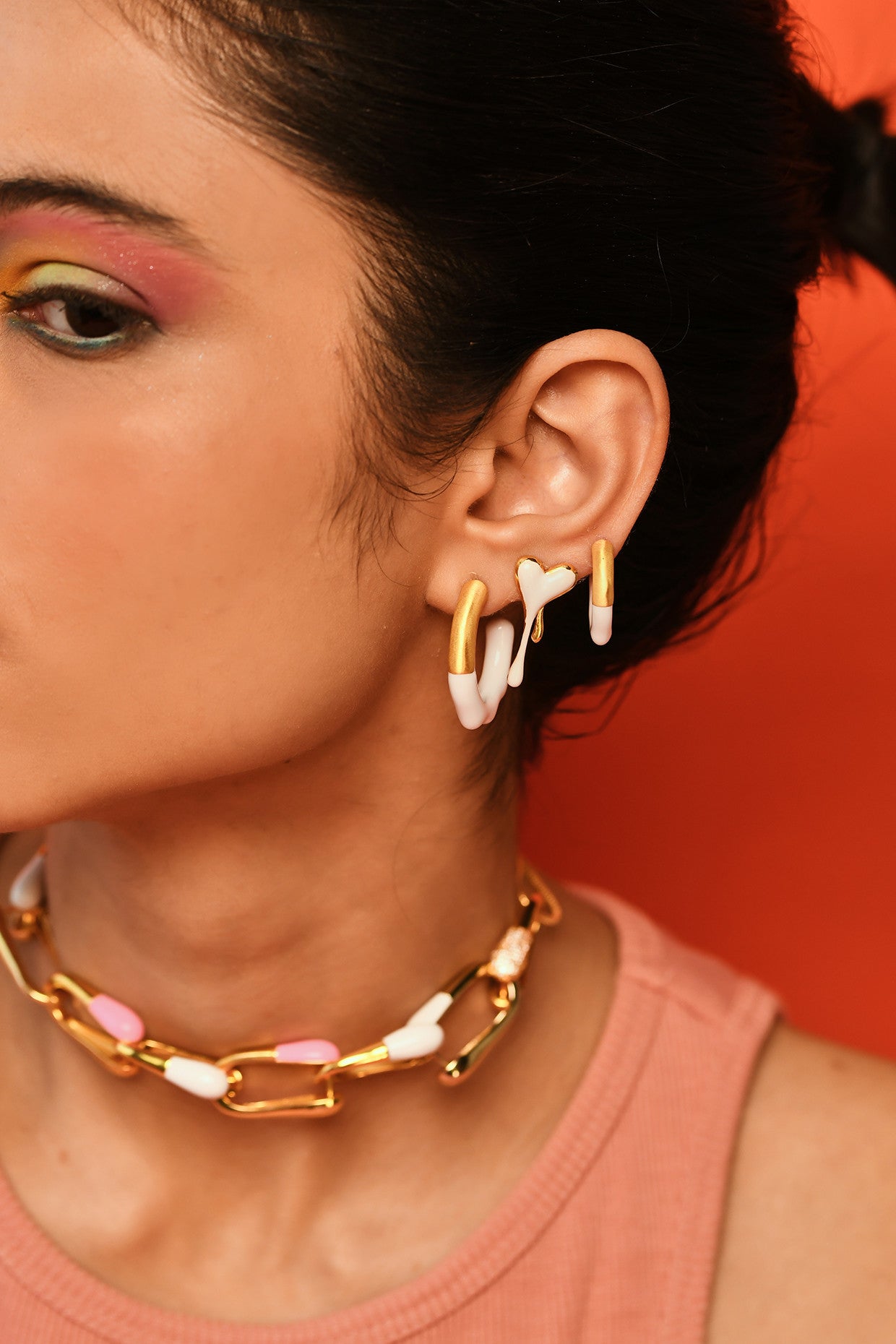 Gold & White Glossed Hoops