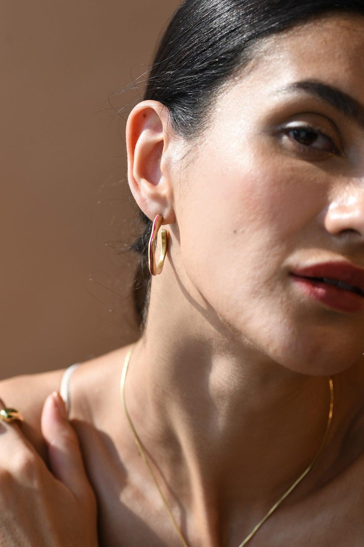 Gold & Hot Pink Glossed Hoops