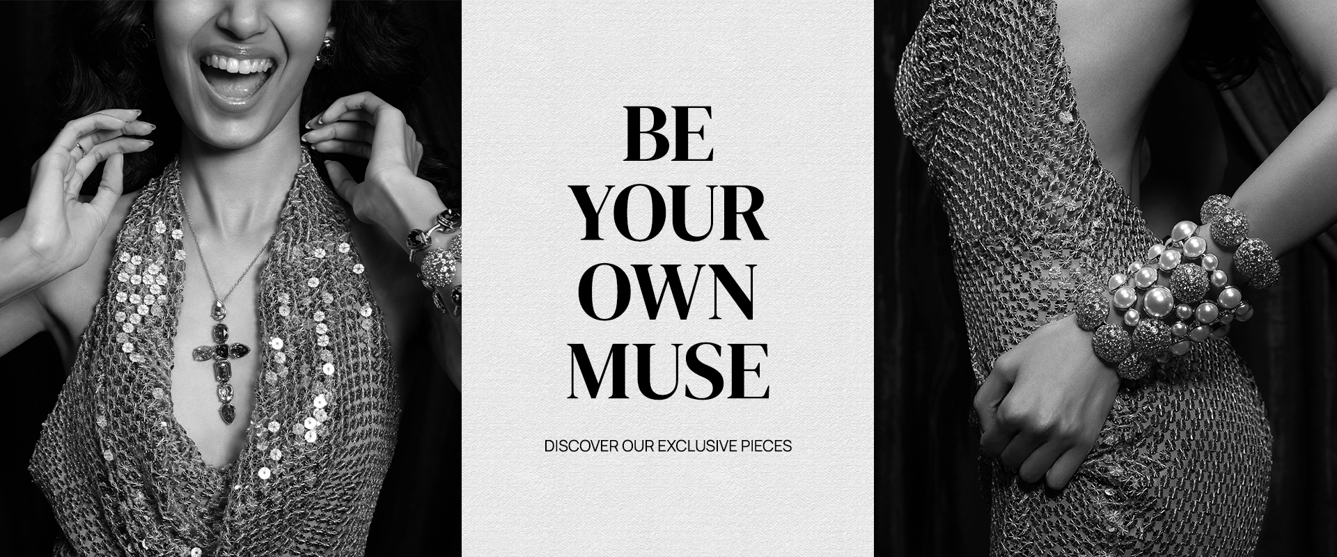 Black and white advertisement with text 'Be Your Own Muse' and images of jewelry.