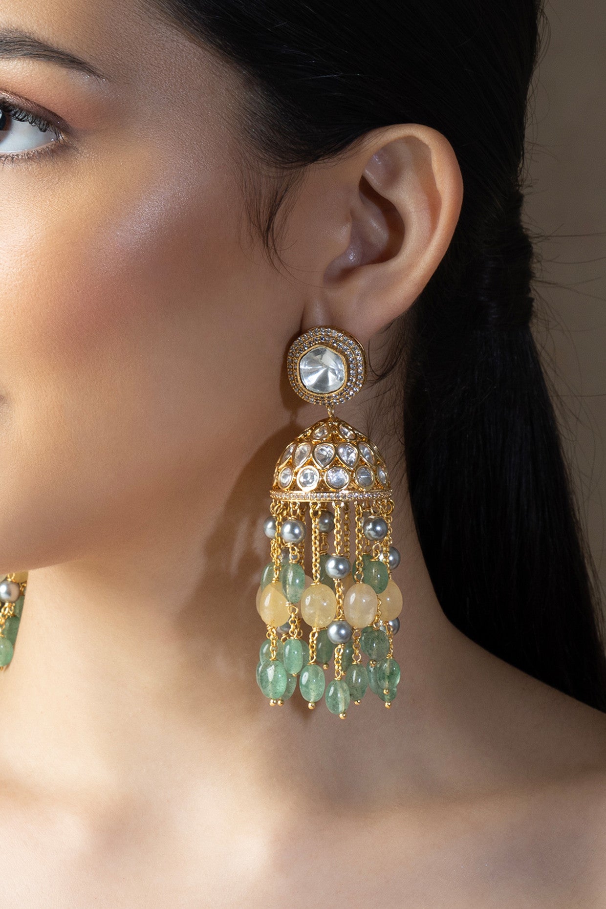 Multi Colour Polki Jhumka Earrings in 22Kt Gold Plating