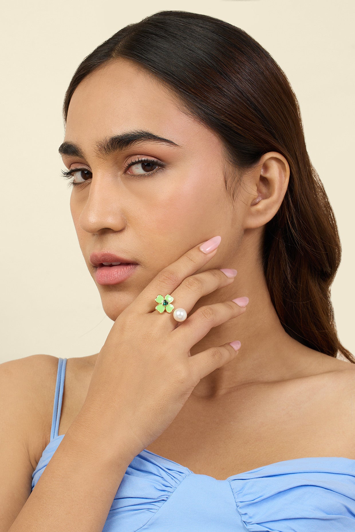 Neon Clover Pearl Ring In 18Kt Gold Plated