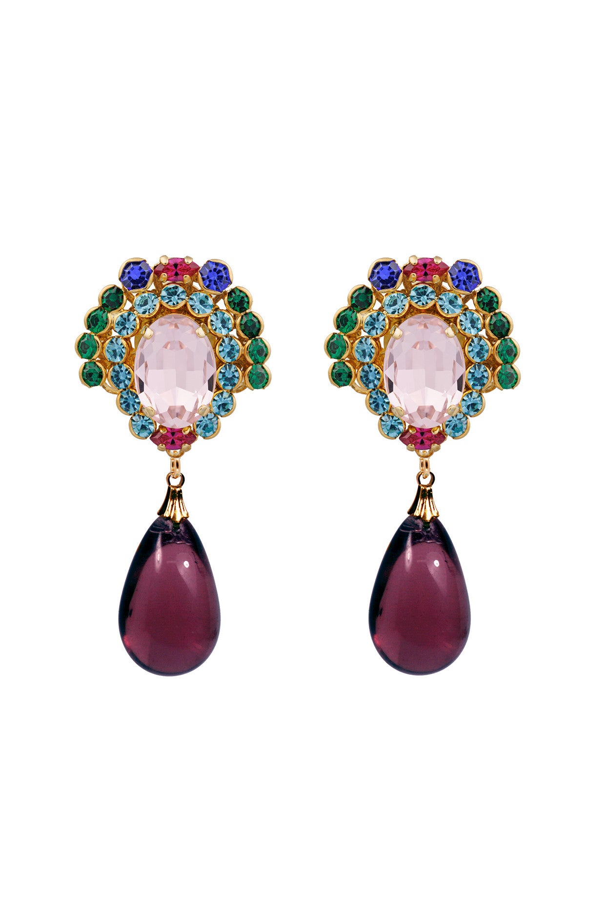 Omega Clasp Gem Cluster With Drop Pendant Earrings