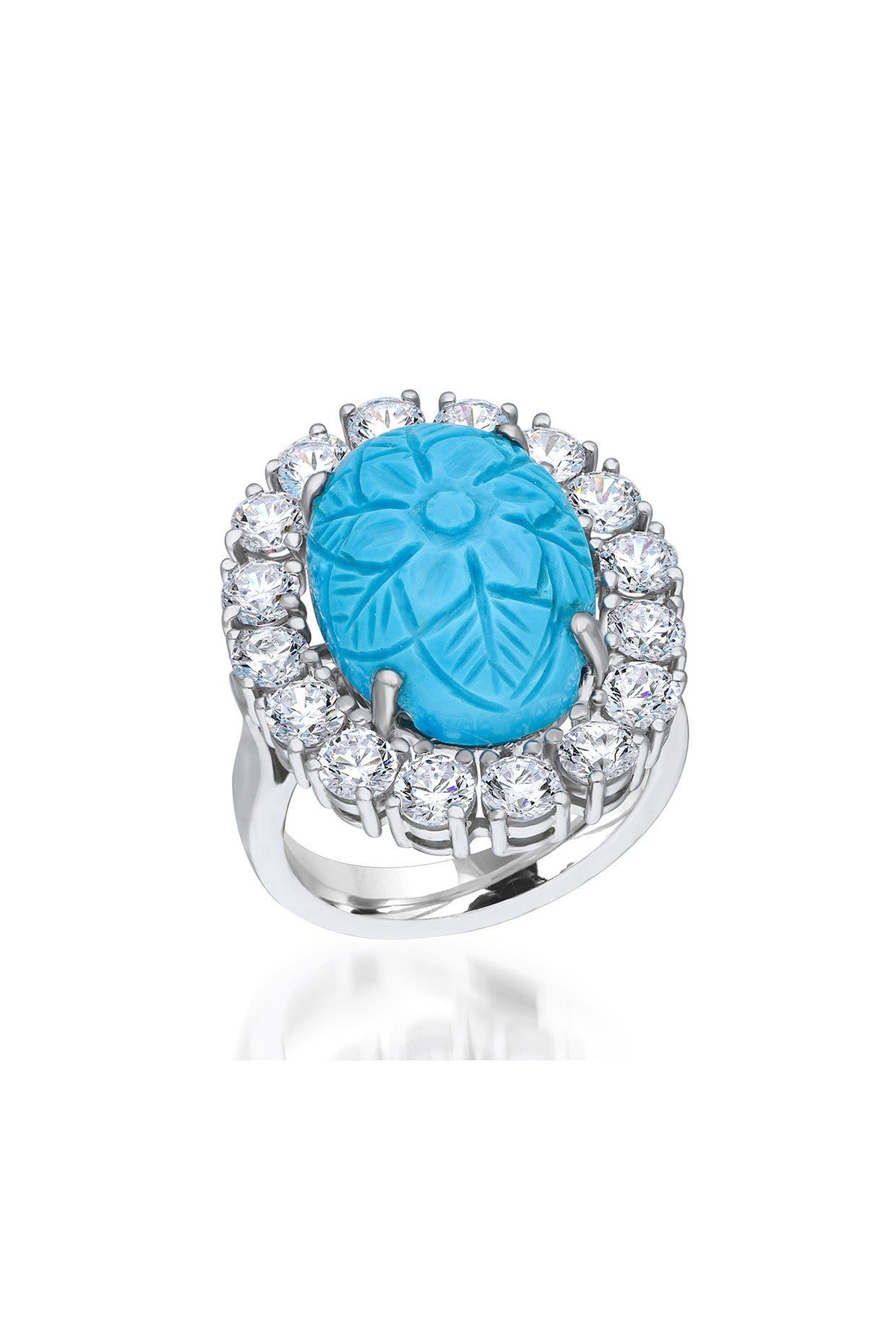 Oval Cut Carved Synthetic Turquoise and White Swarovski Zirconia Cocktail Ring