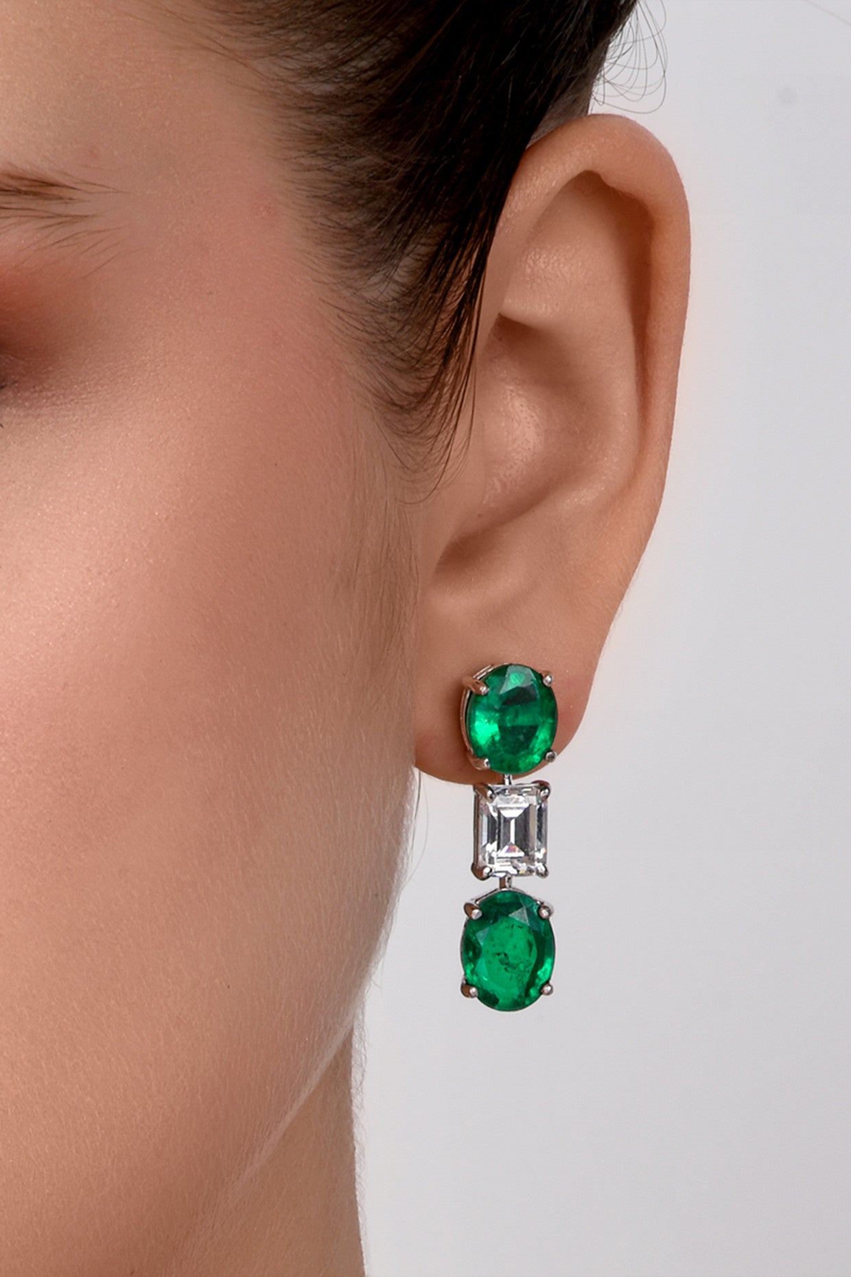 Oval Cut Synthetic Emerald Green and White Swarovski Zirconia Earrings