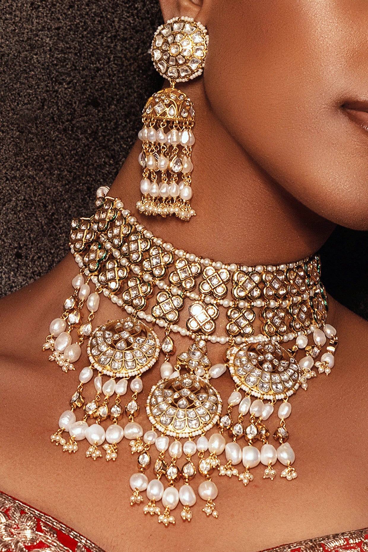 Pearl & Polki Bridal Necklace Set in 22Kt Gold Plating