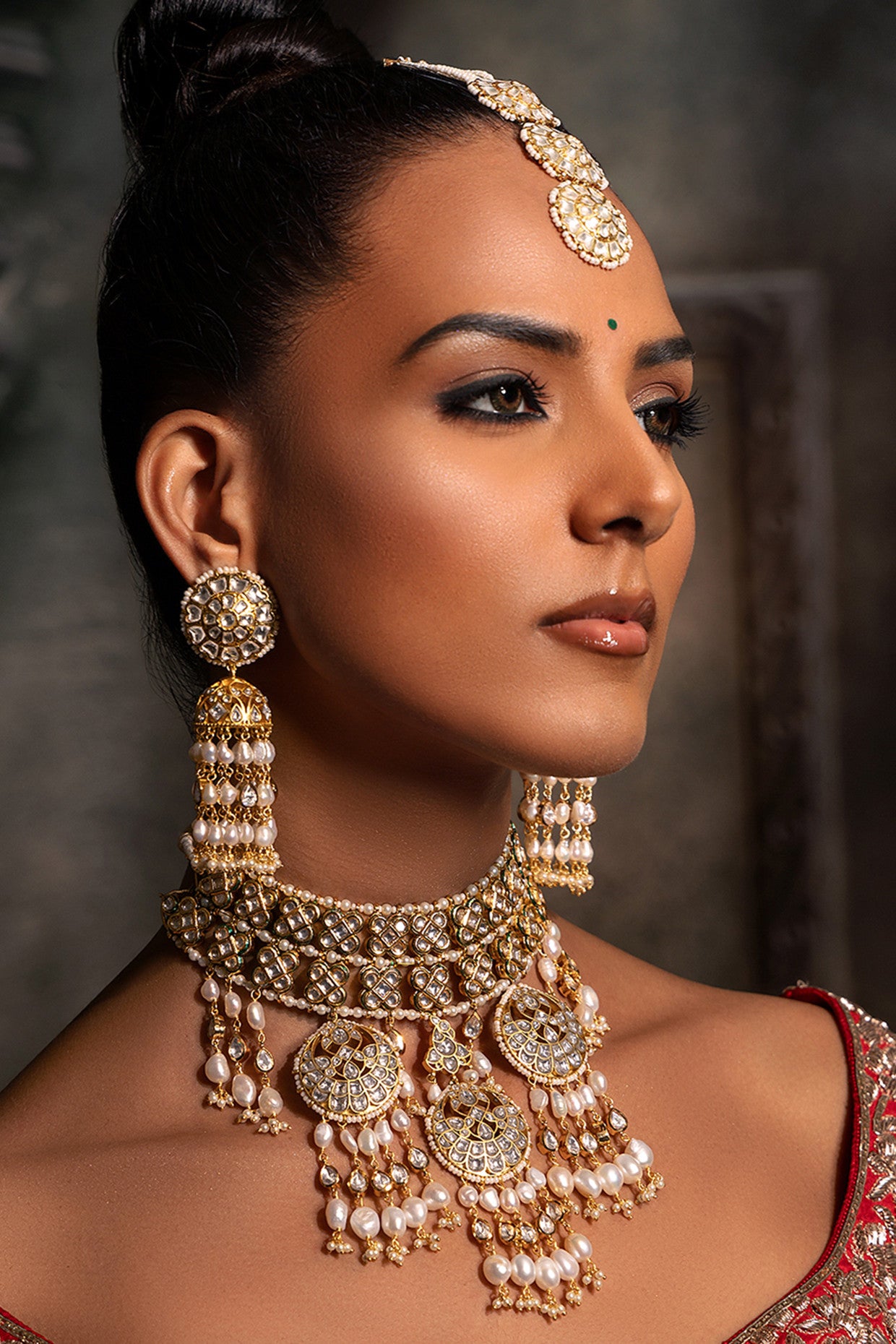 Pearl & Polki Bridal Necklace Set in 22Kt Gold Plating