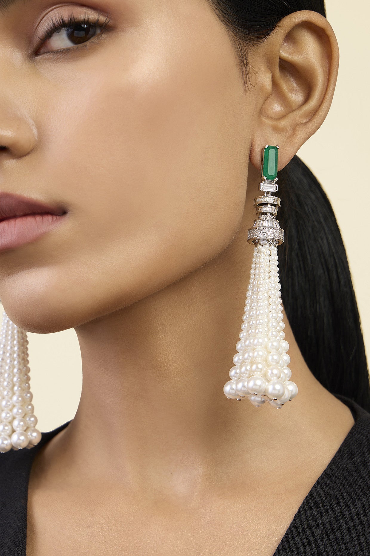 Pearls & Emeralds Tassel Earrings