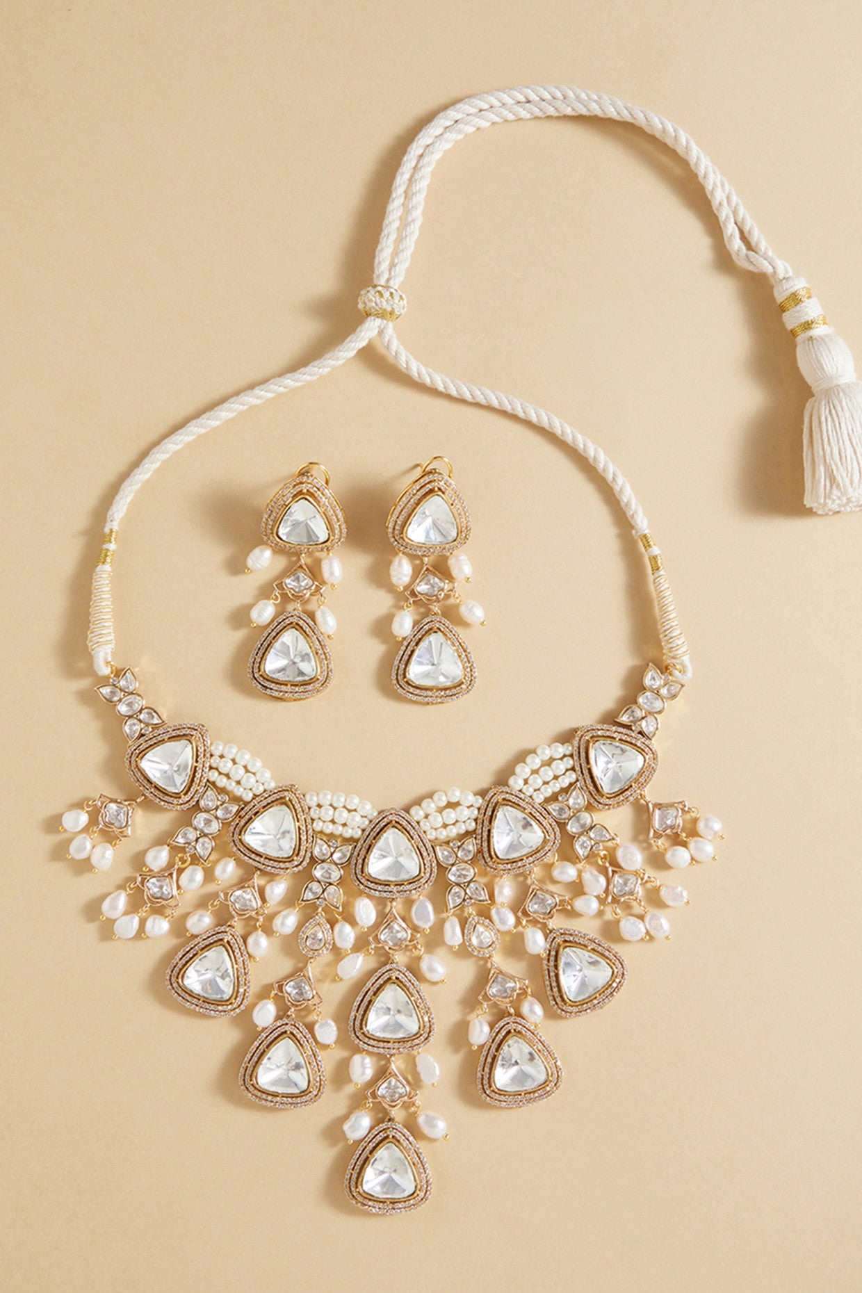 Polki & Pearl Drops Bridal Necklace Set in 22Kt Gold Plating