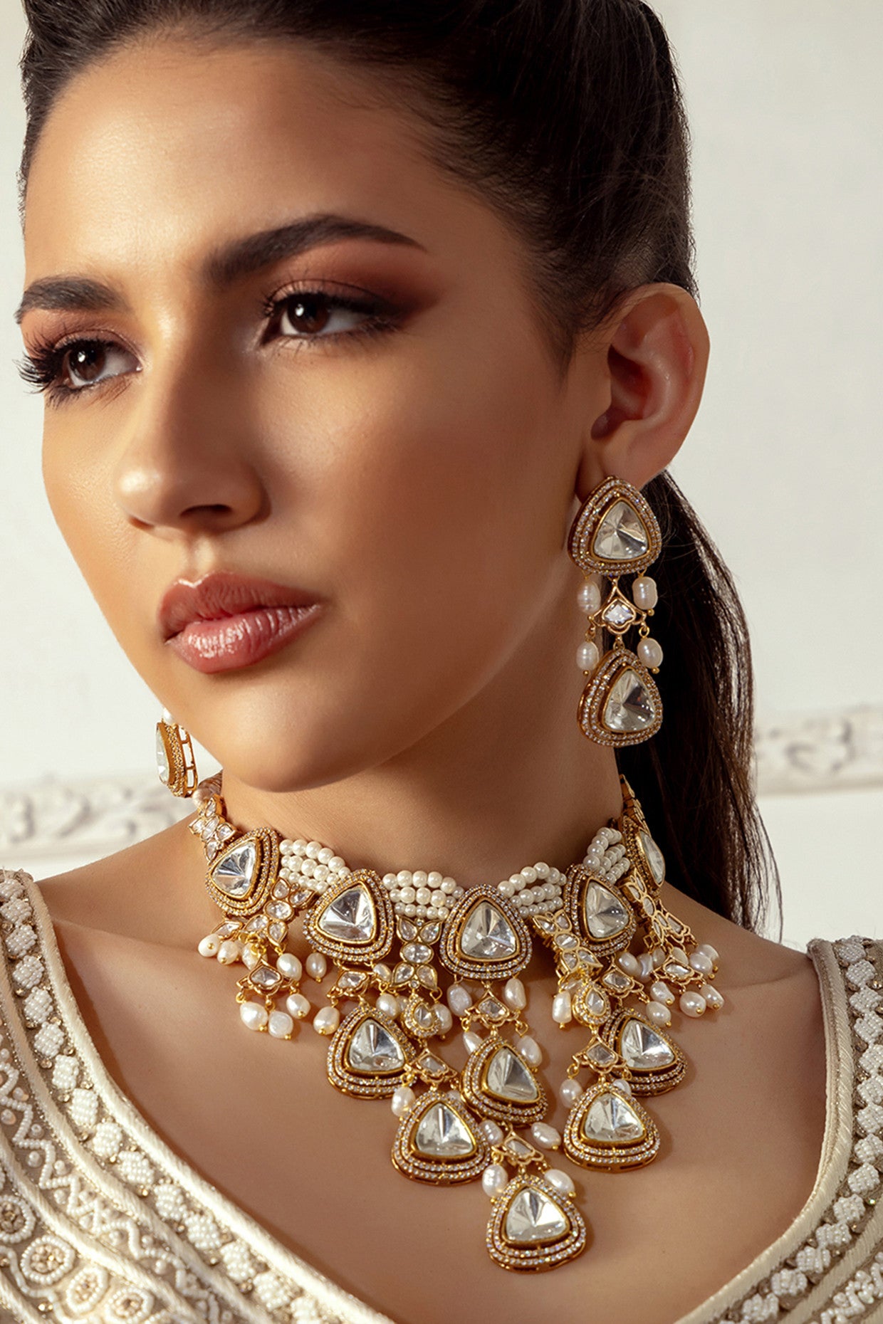 Polki & Pearl Drops Bridal Necklace Set in 22Kt Gold Plating