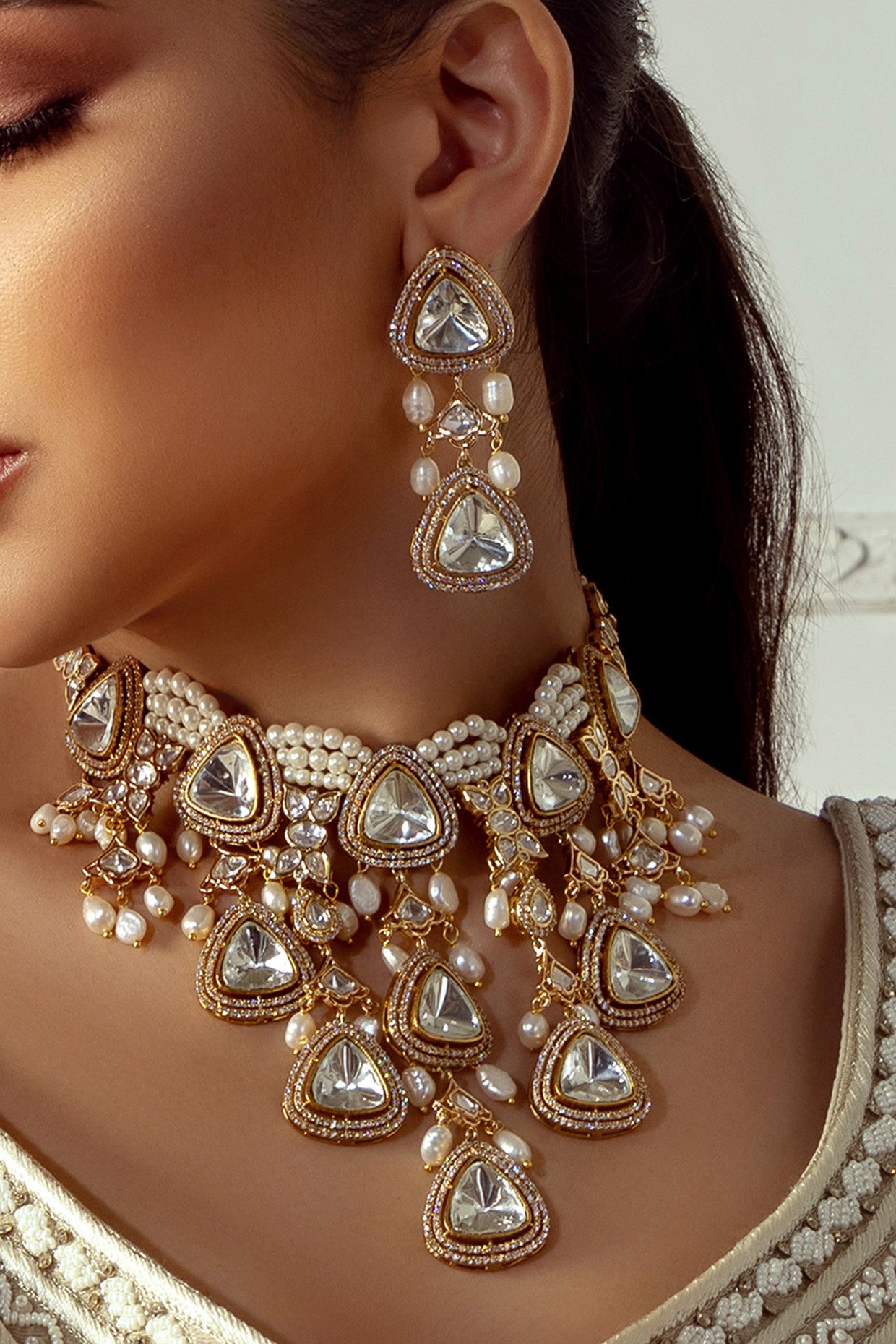 Polki & Pearl Drops Bridal Necklace Set in 22Kt Gold Plating
