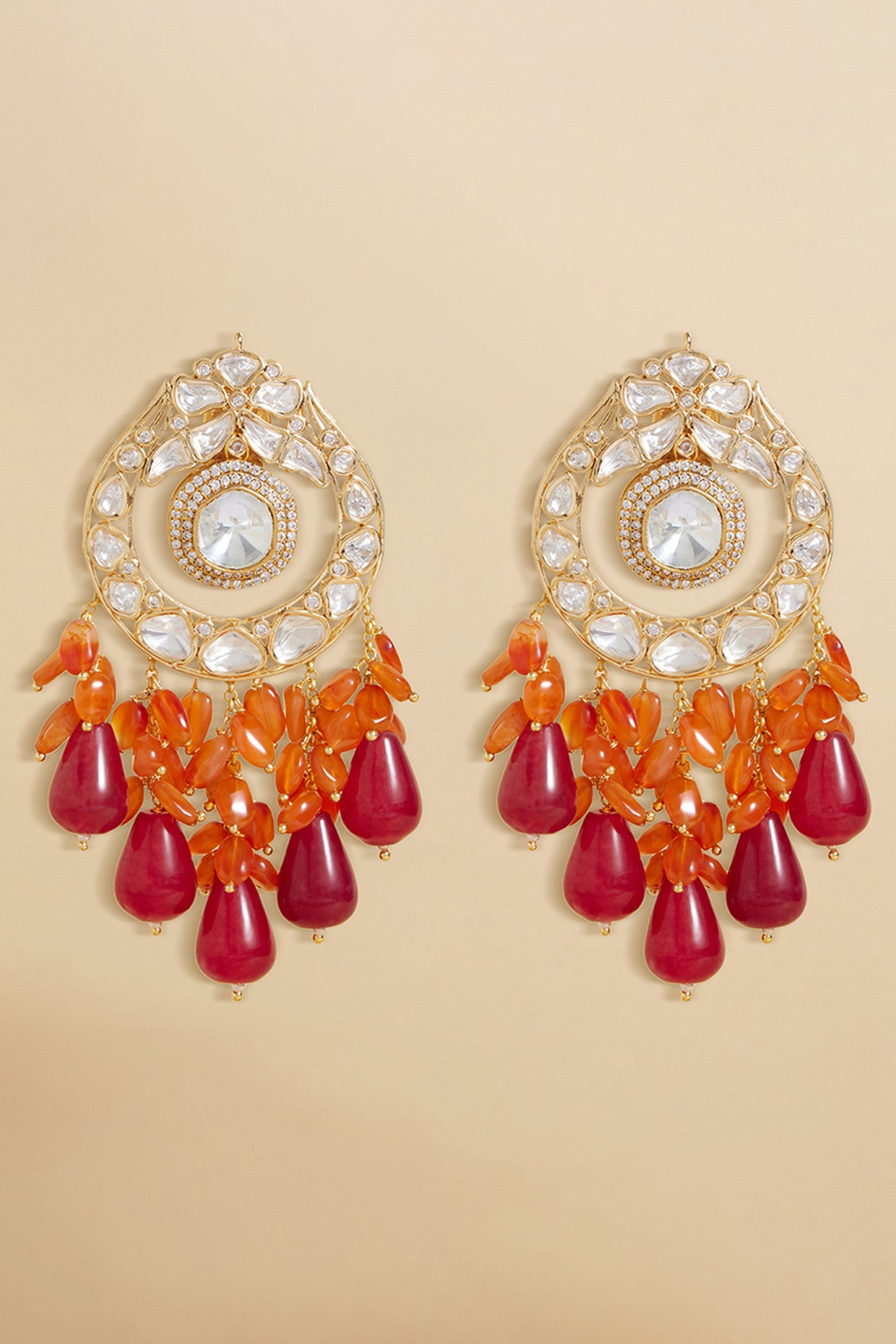 Polki And Red Stone Drop Earrings in 22Kt Gold Plating