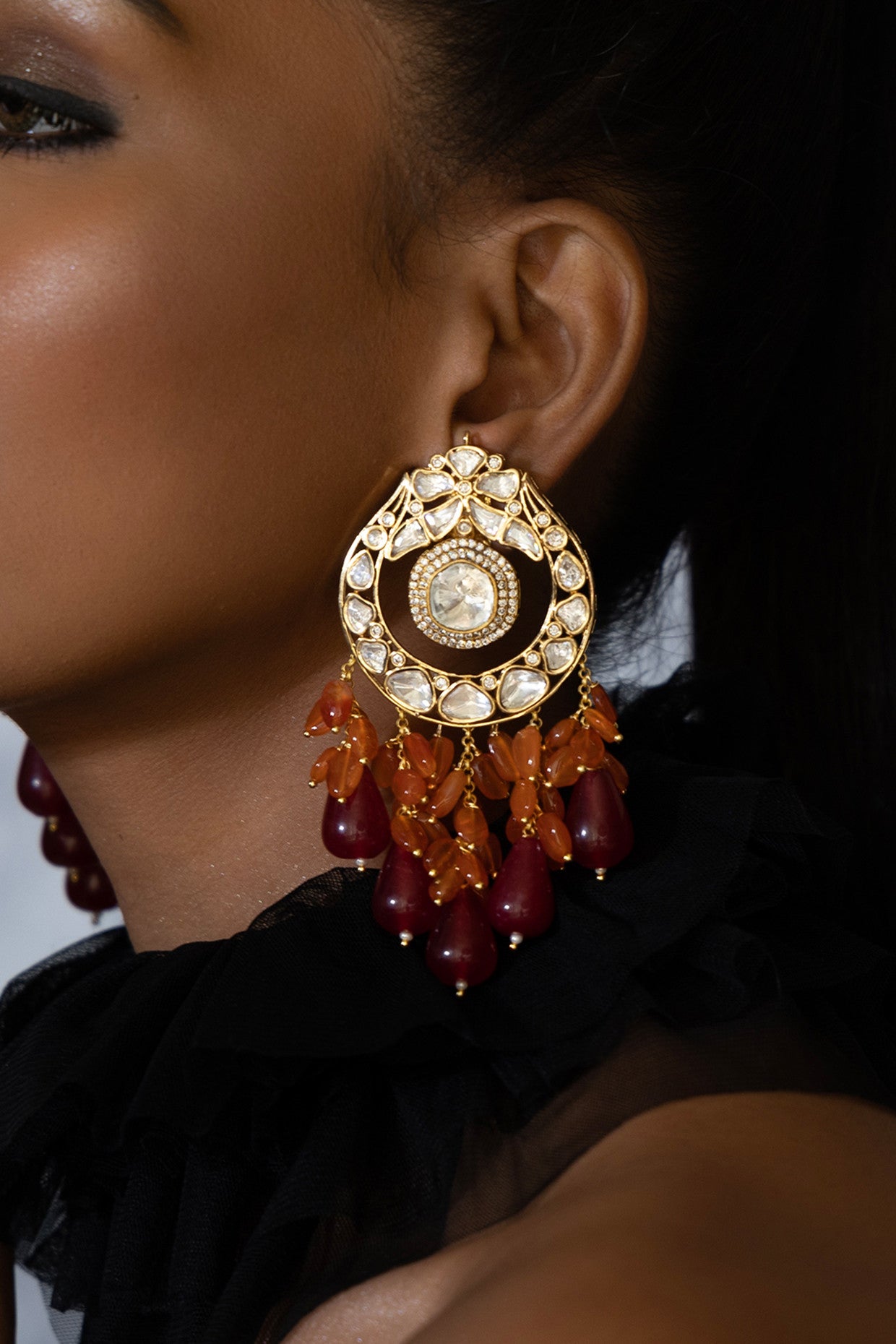 Polki & Red Stone Drop Earrings in 22Kt Gold Plating