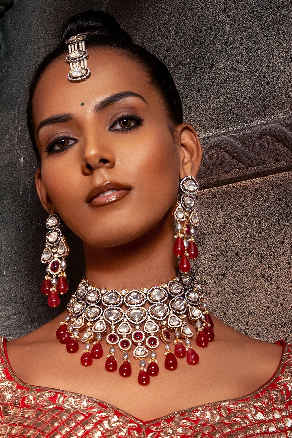 Red Polki Bridal Choker Set in 22Kt Gold Plating