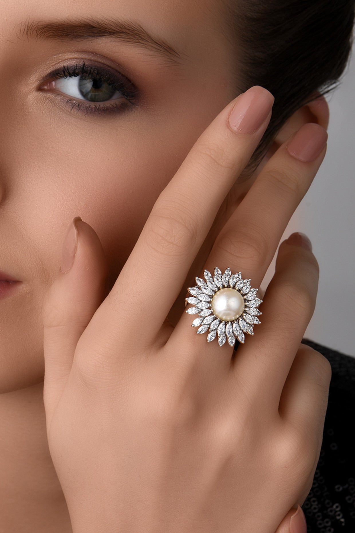 Round White Korean Pearl and Marquise Shaped White Swarovski Zirconia Stone