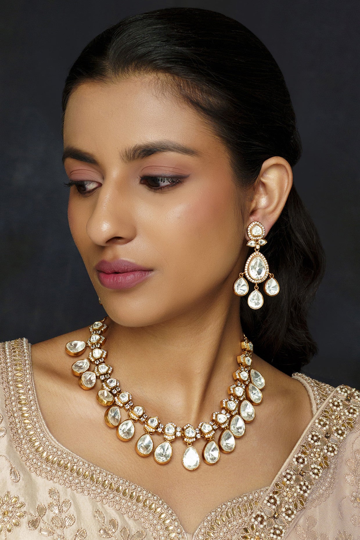 Feriha Navratan Long Moissanite Necklace Set