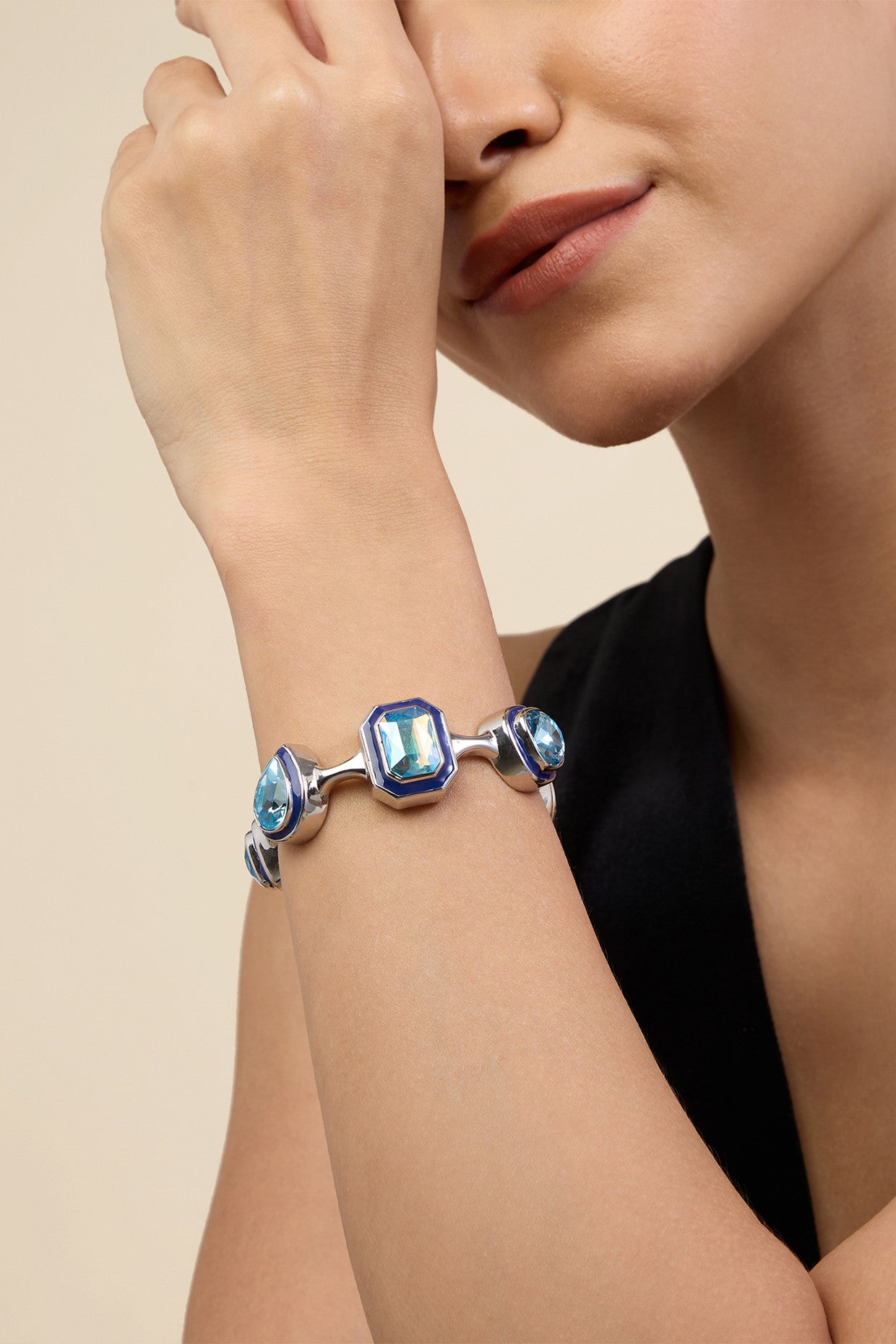 Silver Plated Banger Aquamarine Crystal Cuff