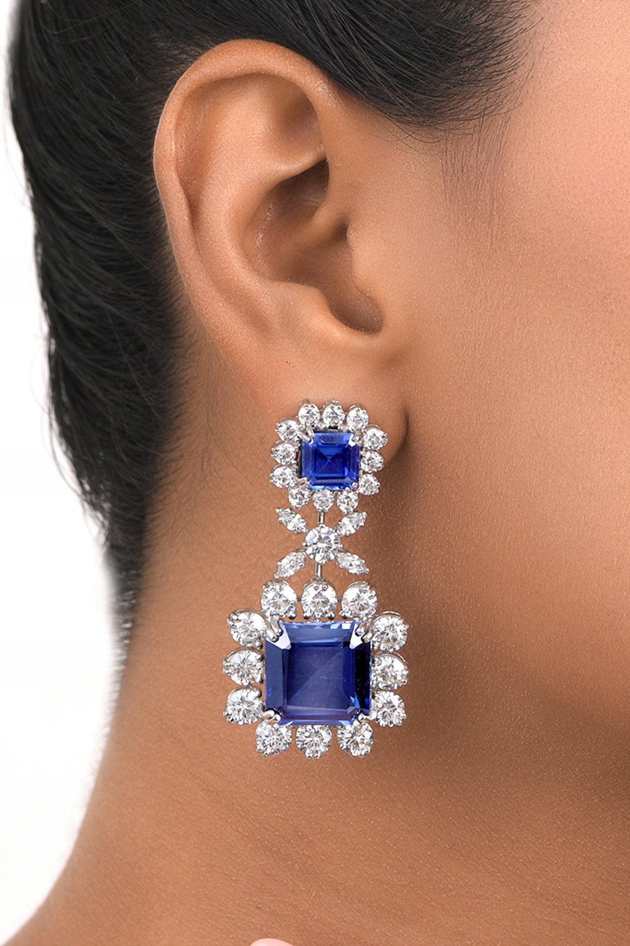 Square Cut Synthetic Sapphire and Mix Shaped White Swarovski Zirconia Earrings