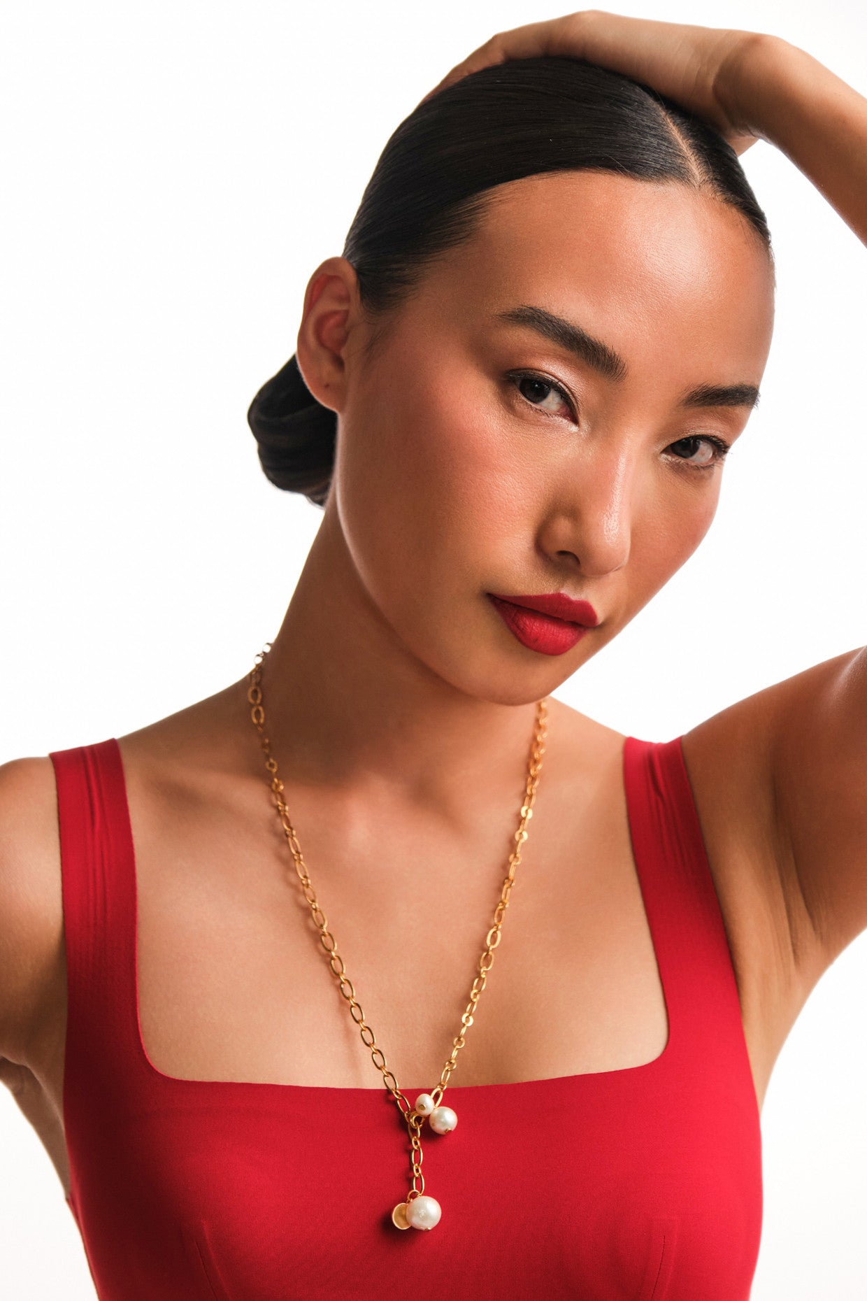 Tri-Pearl Linked Chain Necklace in 22Kt Gold Plating