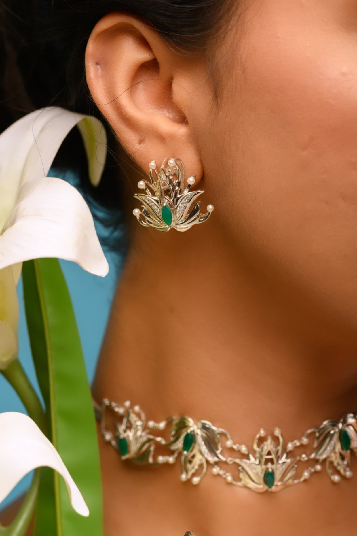 Walflower Earring Green Quartz With Freshwater in Sterling Silver