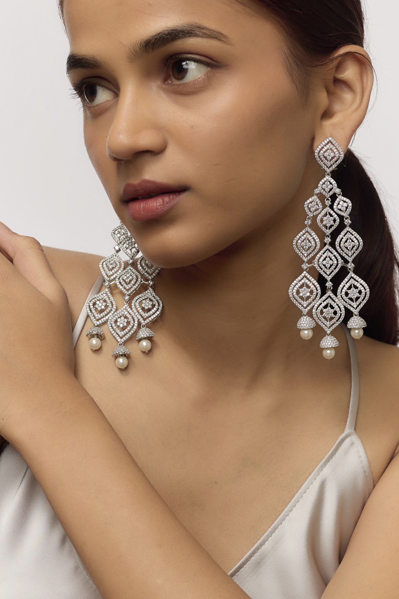 White Finish Diamond & Pearls Earrings