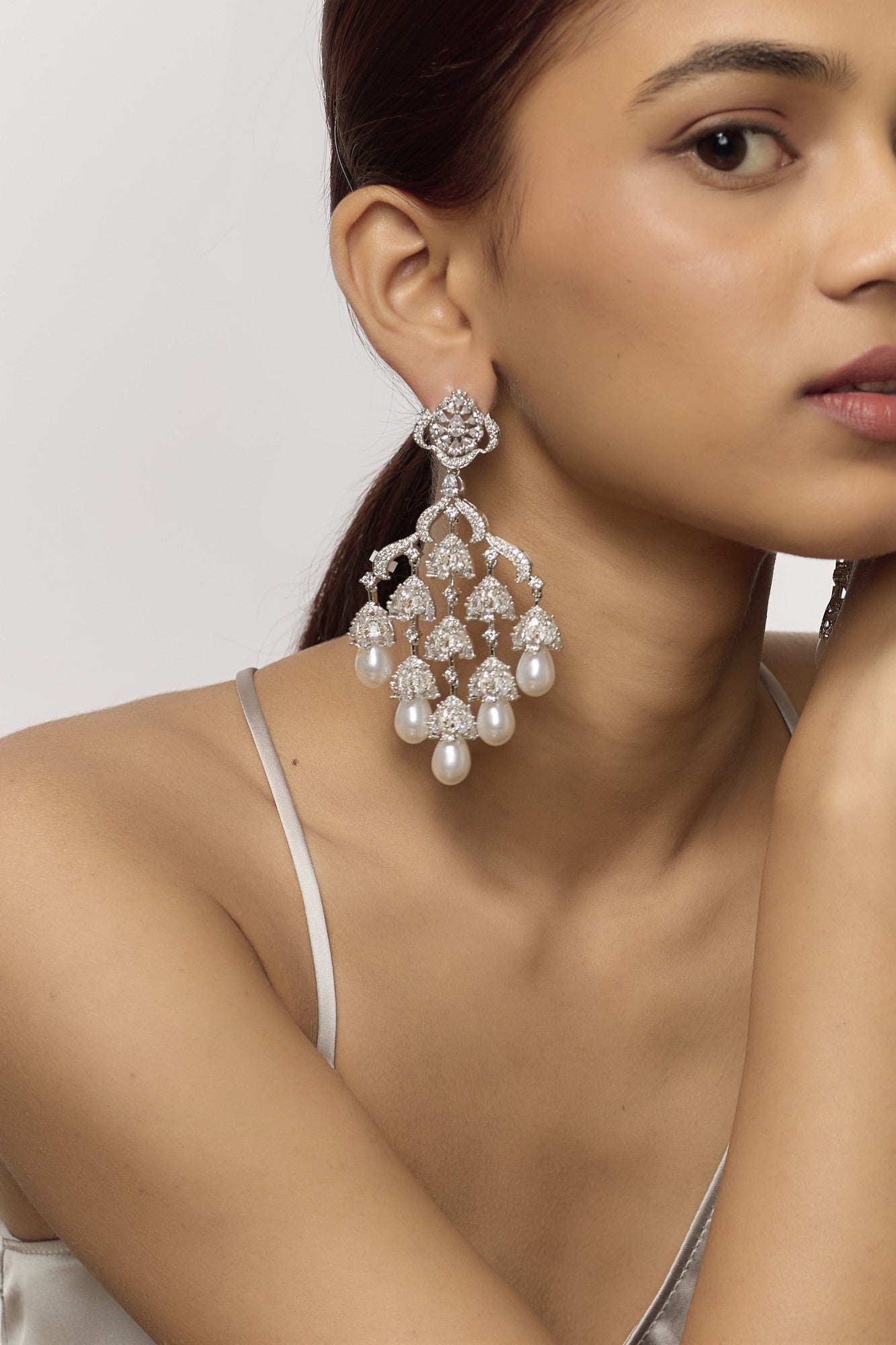 White Finish Diamond & Pearls Earrings