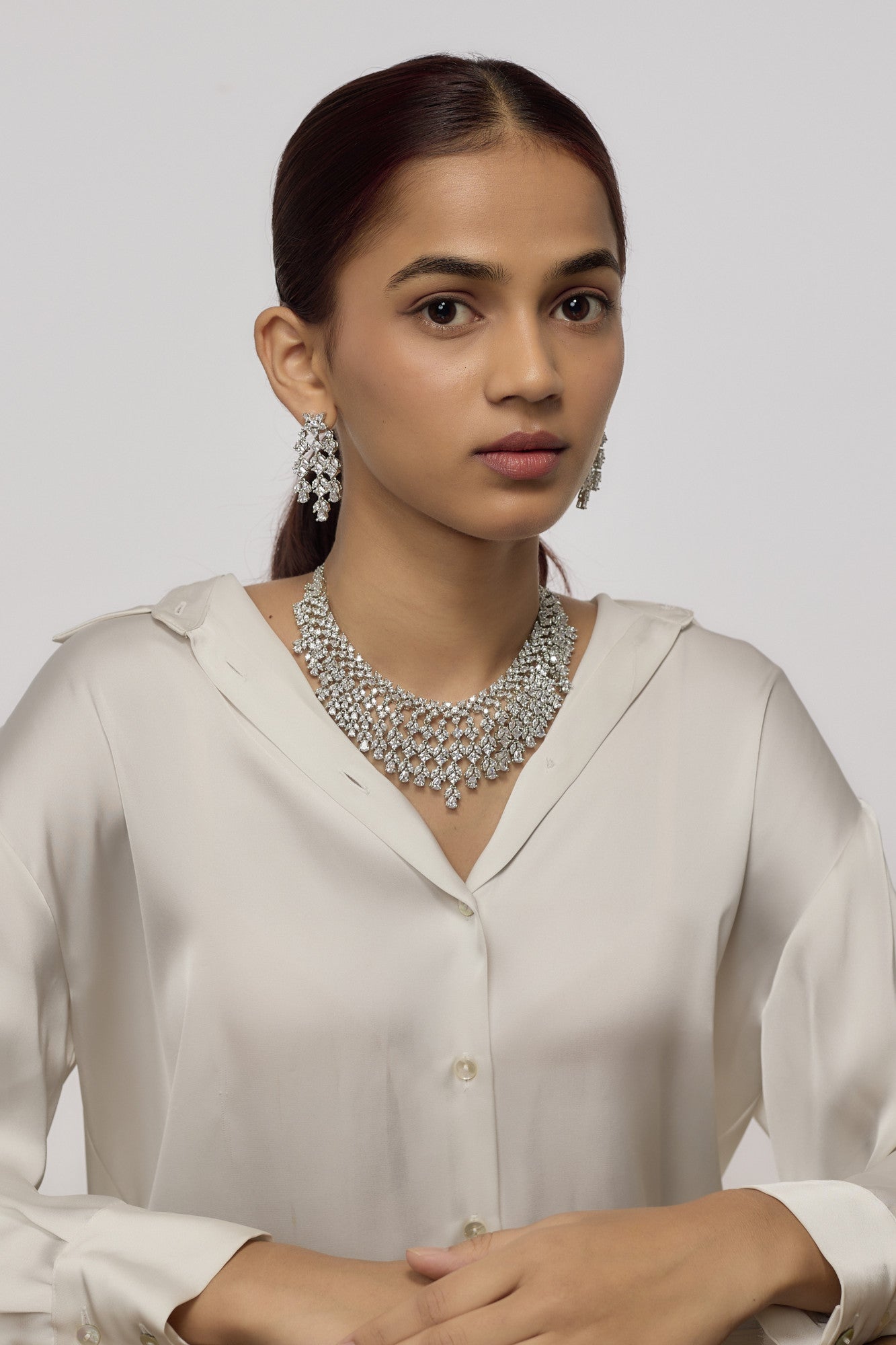 White Finish Diamond Necklace Set