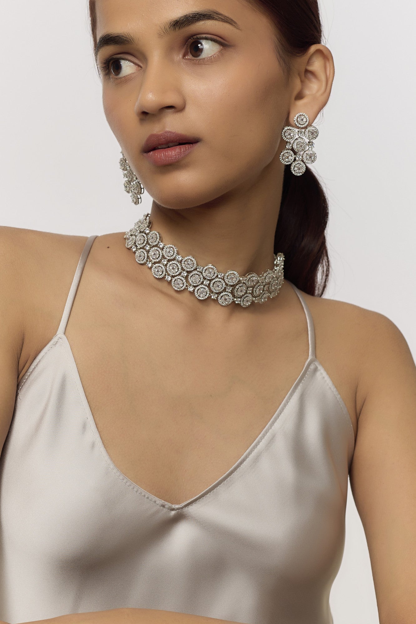 White Finish Diamond Necklace Set