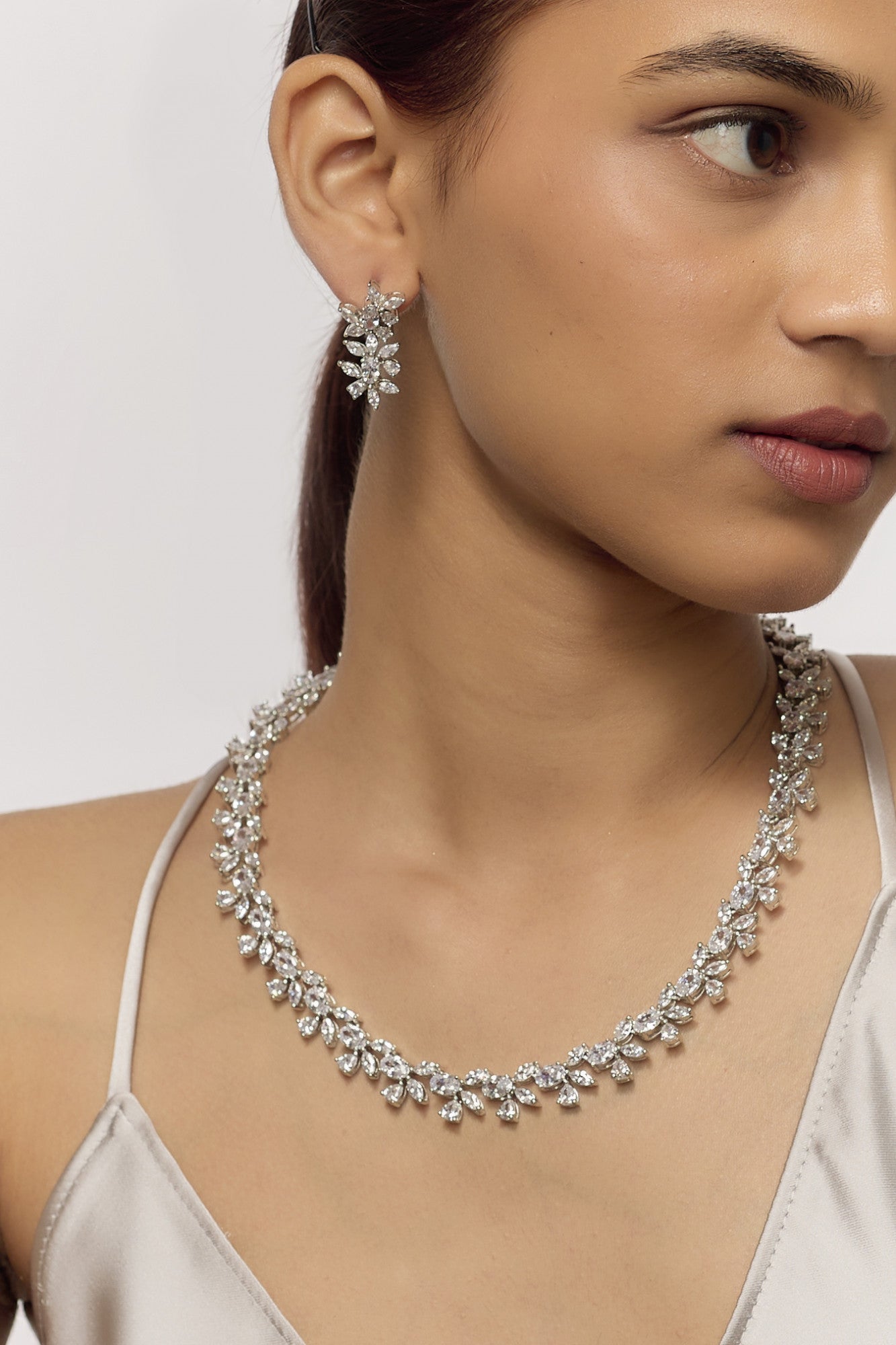 White Finish Diamond Necklace Set