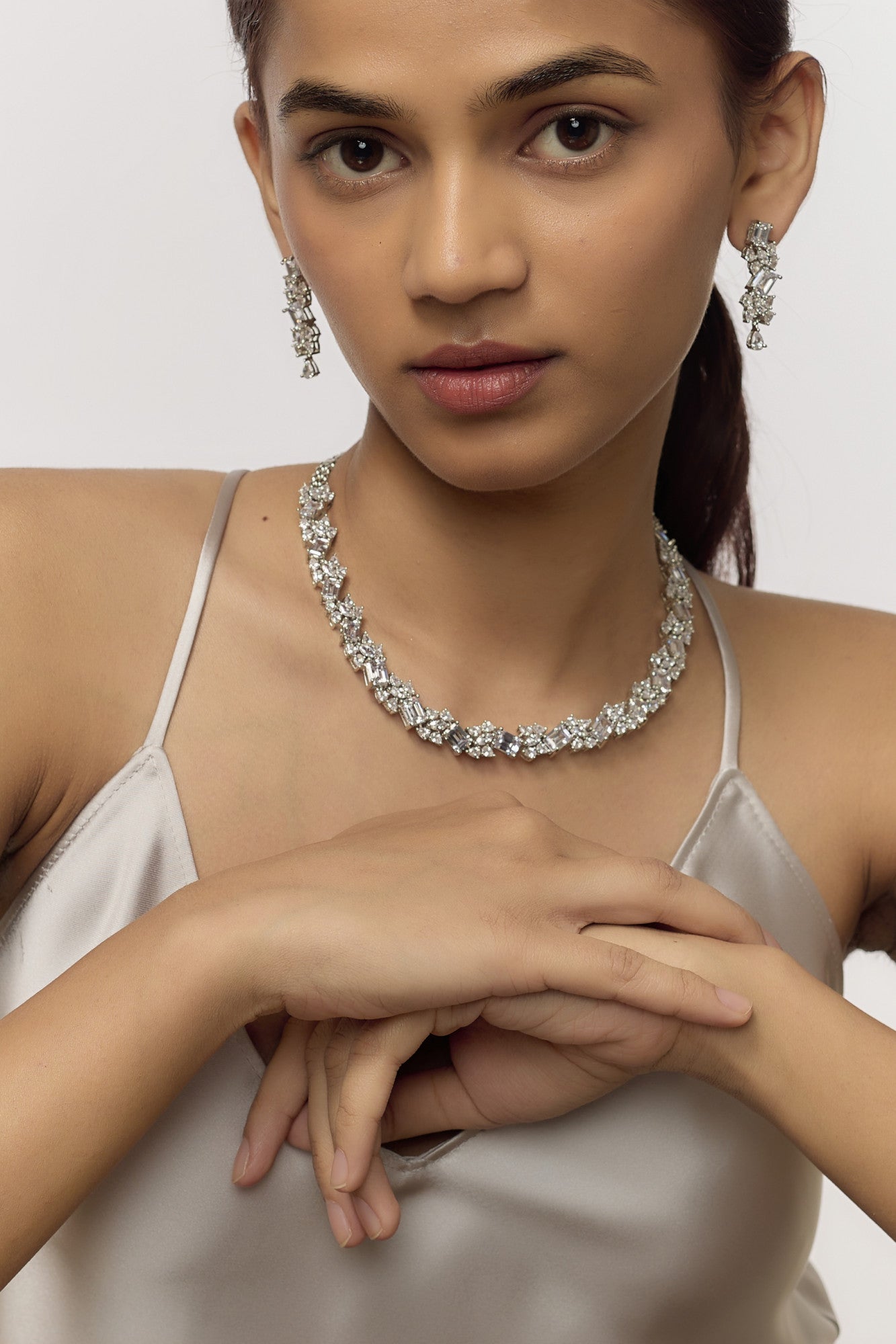 White Finish Diamond Necklace Set