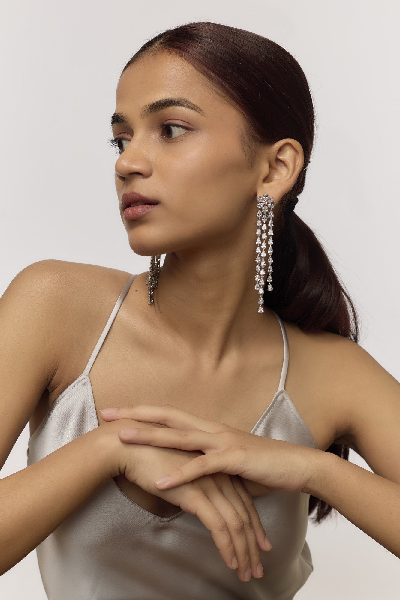 White Finish Three String Earrings