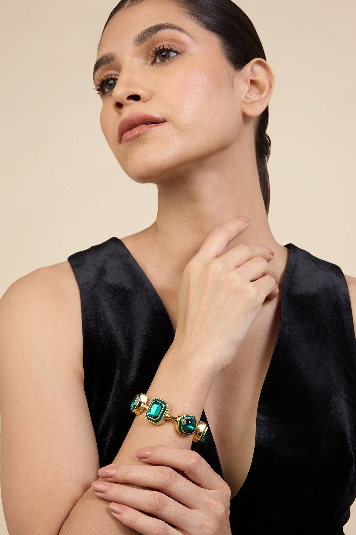 18Kt Gold Plated Banger Green Crystal Cuff