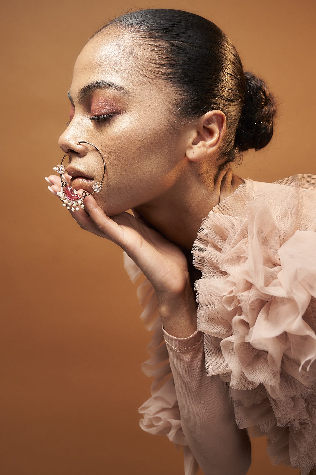 22kt Rose Gold Plated Rose Swarovski and Pearl Nose Ring