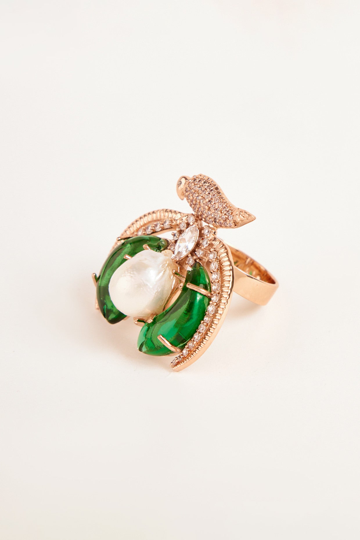 22kt Rose gold Plated Emerald Green Crystal and Pearl Ring