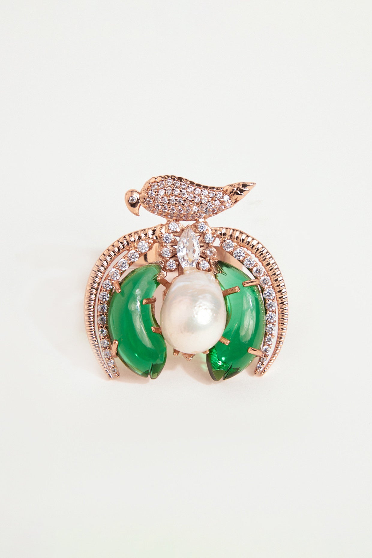 22kt Rose gold Plated Emerald Green Crystal and Pearl Ring