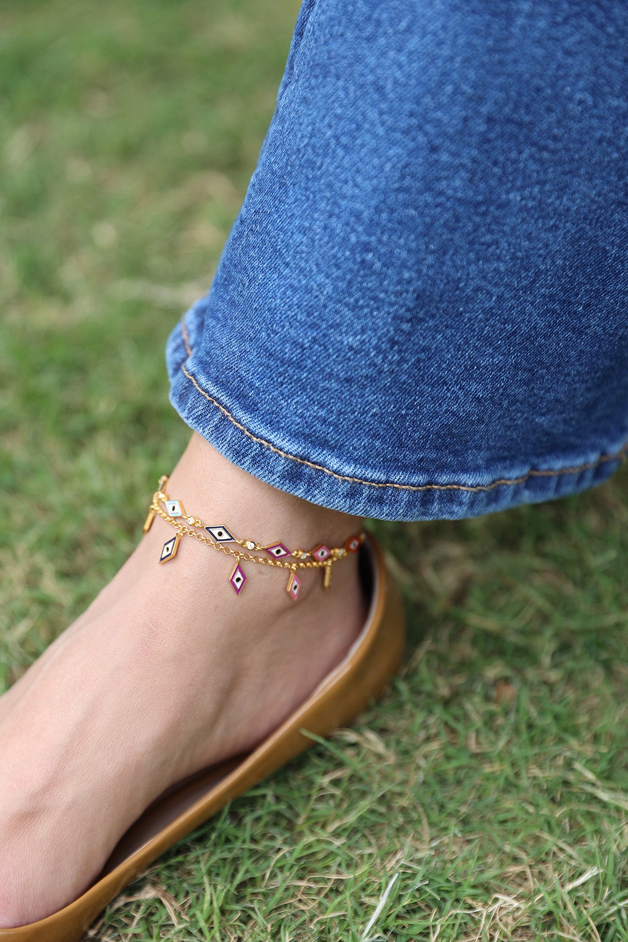 Rainbow Reversible Lotus Evil Eye Anklet